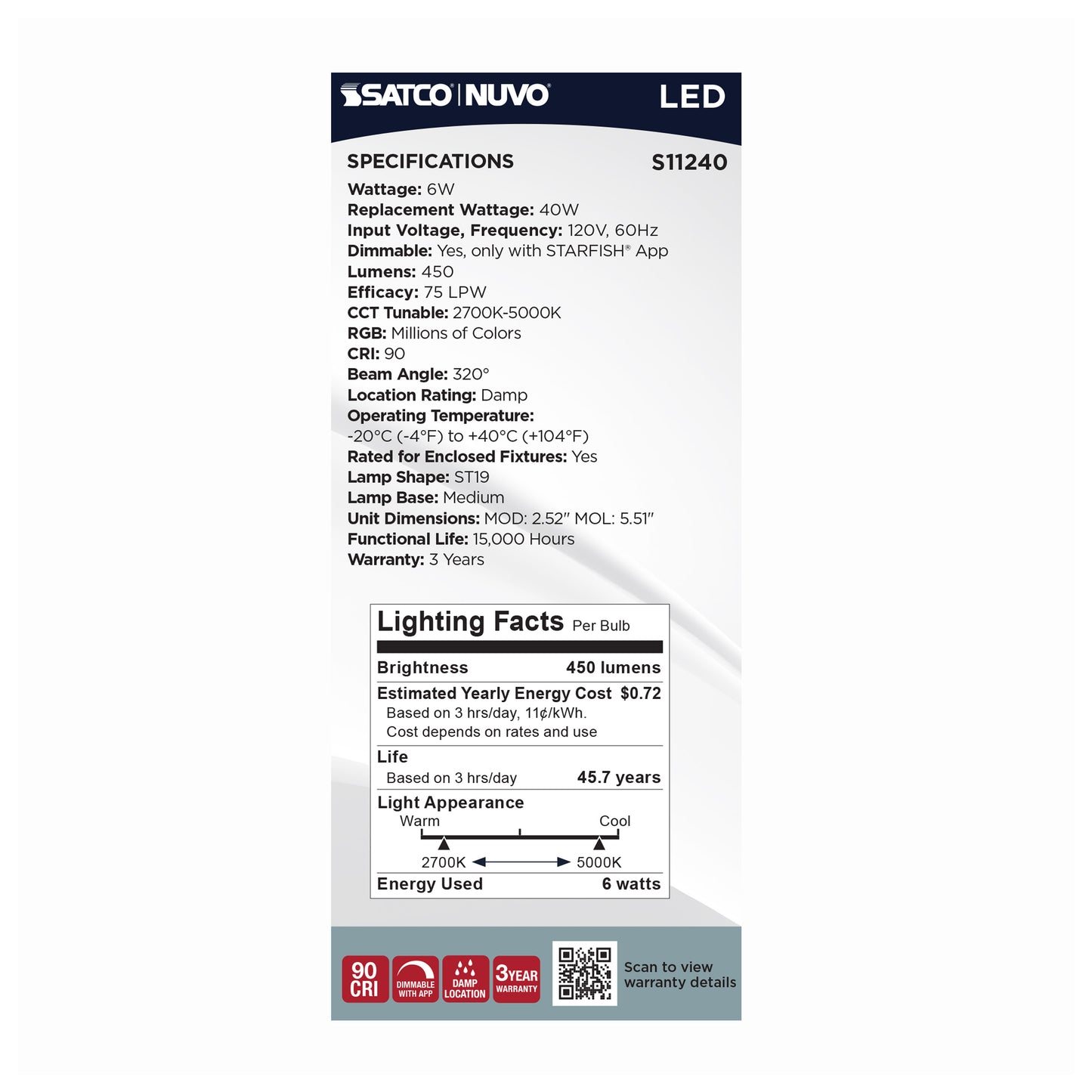 image of 6 Watt - ST19 LED - 2700K-5000K RGB/Tunable White - Starfish IOT - Clear - Medium Base - 120 Volt