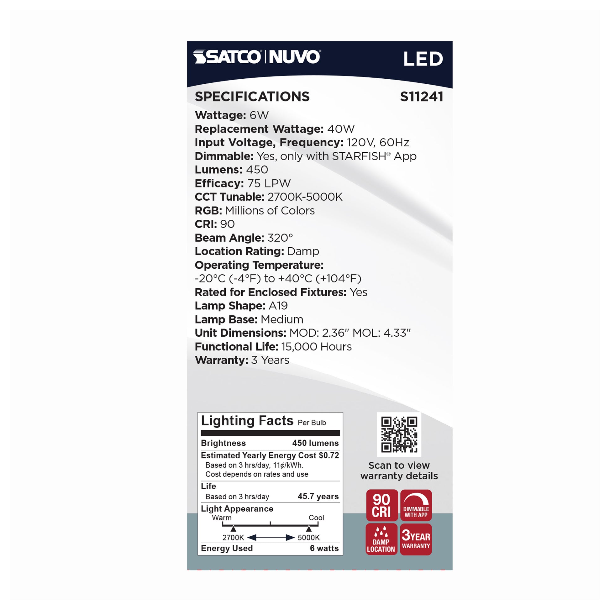 image of 6 Watt - A19 LED - 2700K-5000K RGB/Tunable White - Starfish IOT - Clear - Medium Base - 120 Volt