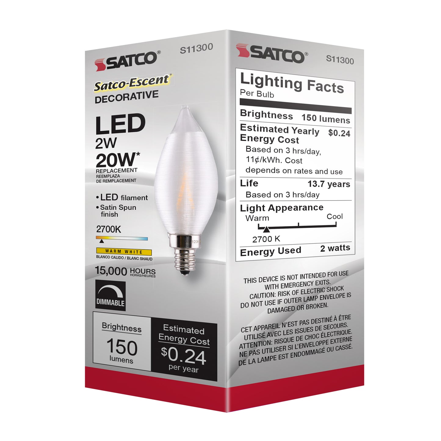 image of 2 Watt CA11 LED - Satin Spun Clear - Candelabra base - 2700K - 120 Volt