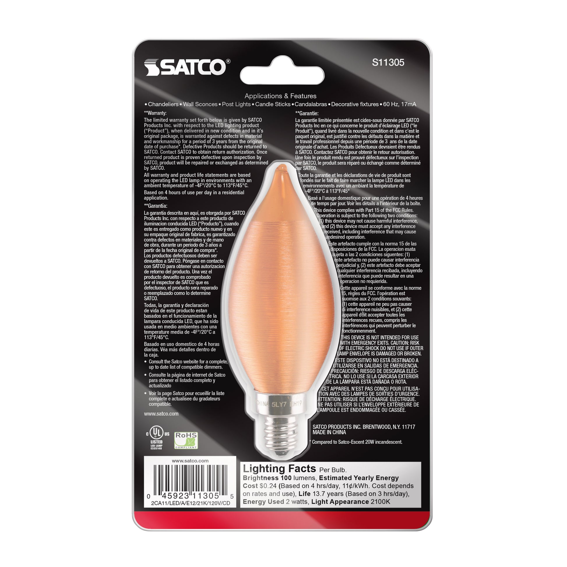 image of 2 Watt CA11 LED - Satin Spun Amber - Candelabra base - 2100K - 120 Volt - Carded