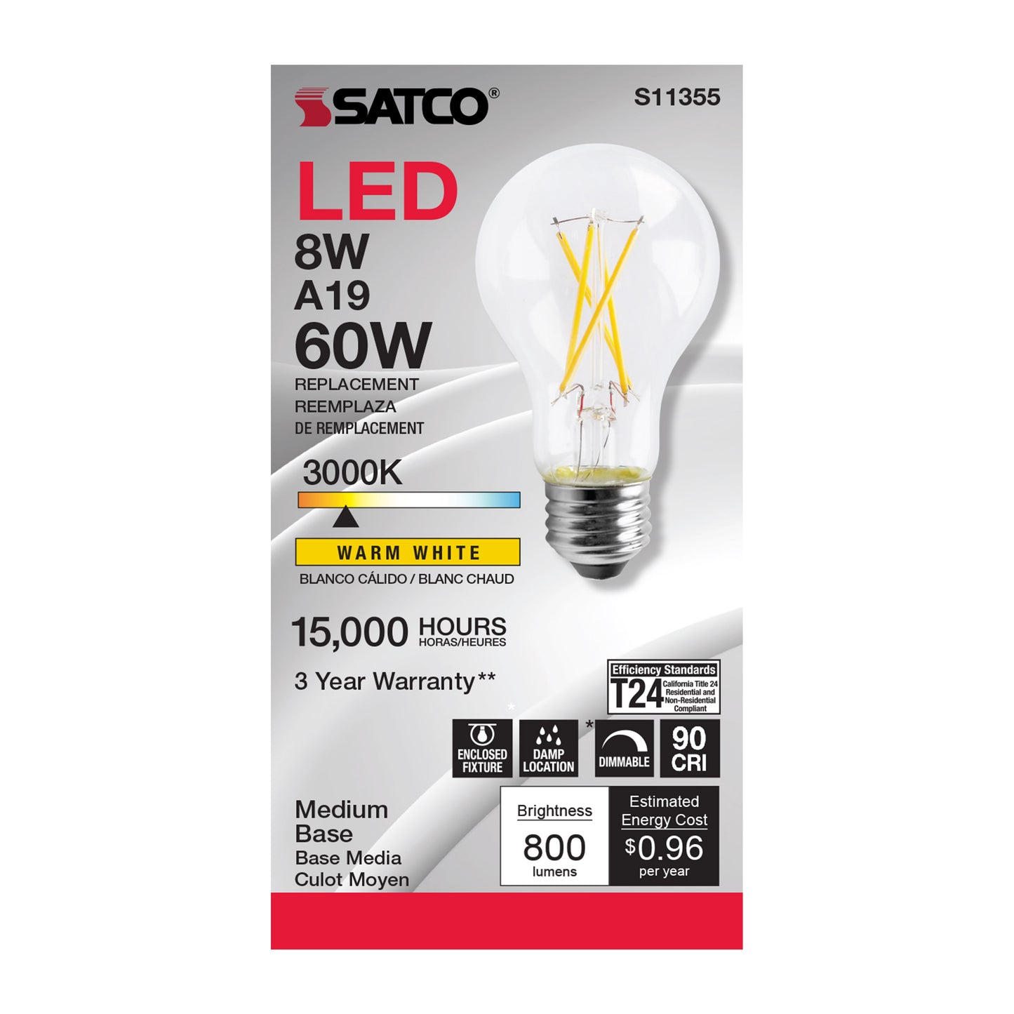 image of 8 Watt - A19 LED - Clear - 3000K - Medium base - 120 Volt