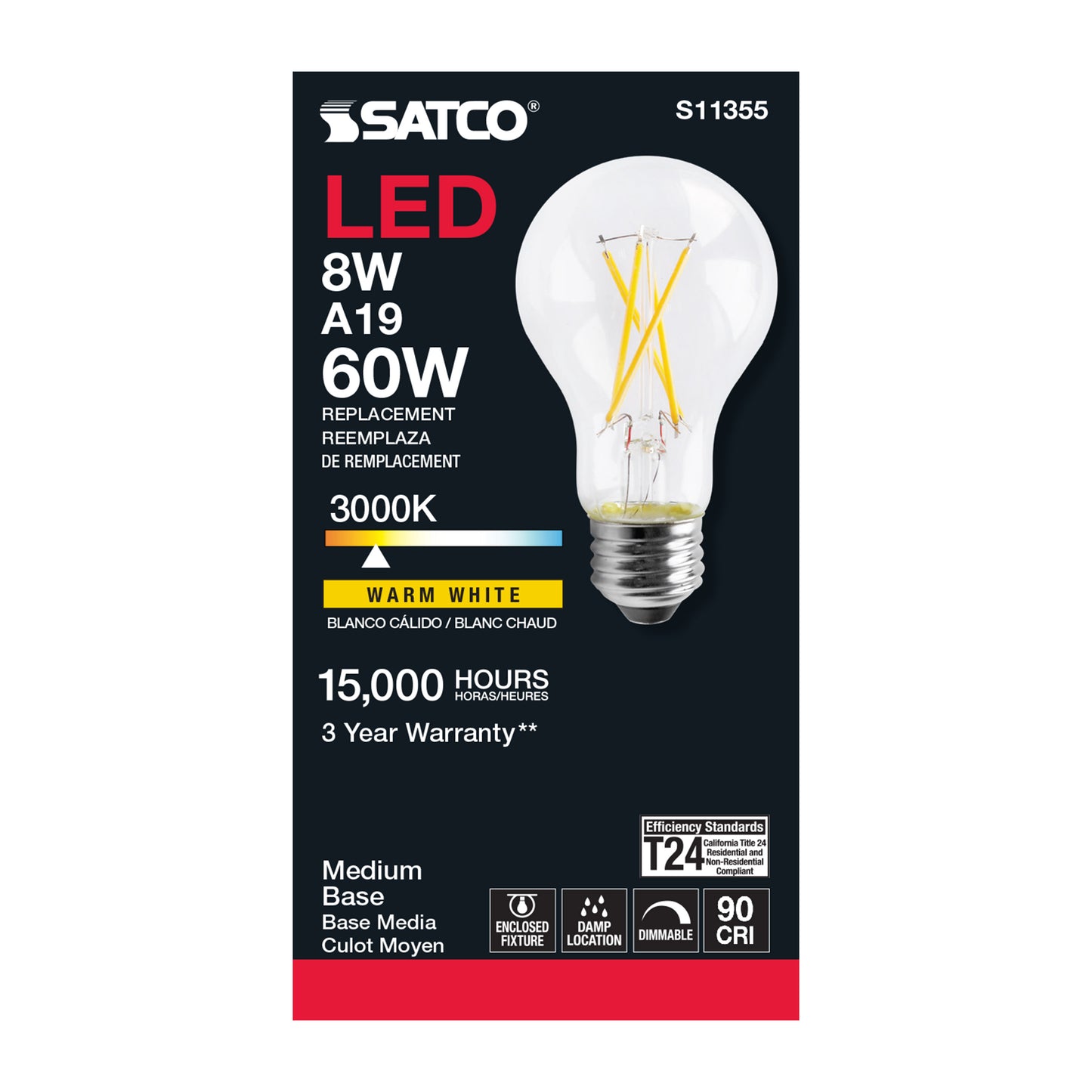 image of 8 Watt - A19 LED - Clear - 3000K - Medium base - 120 Volt