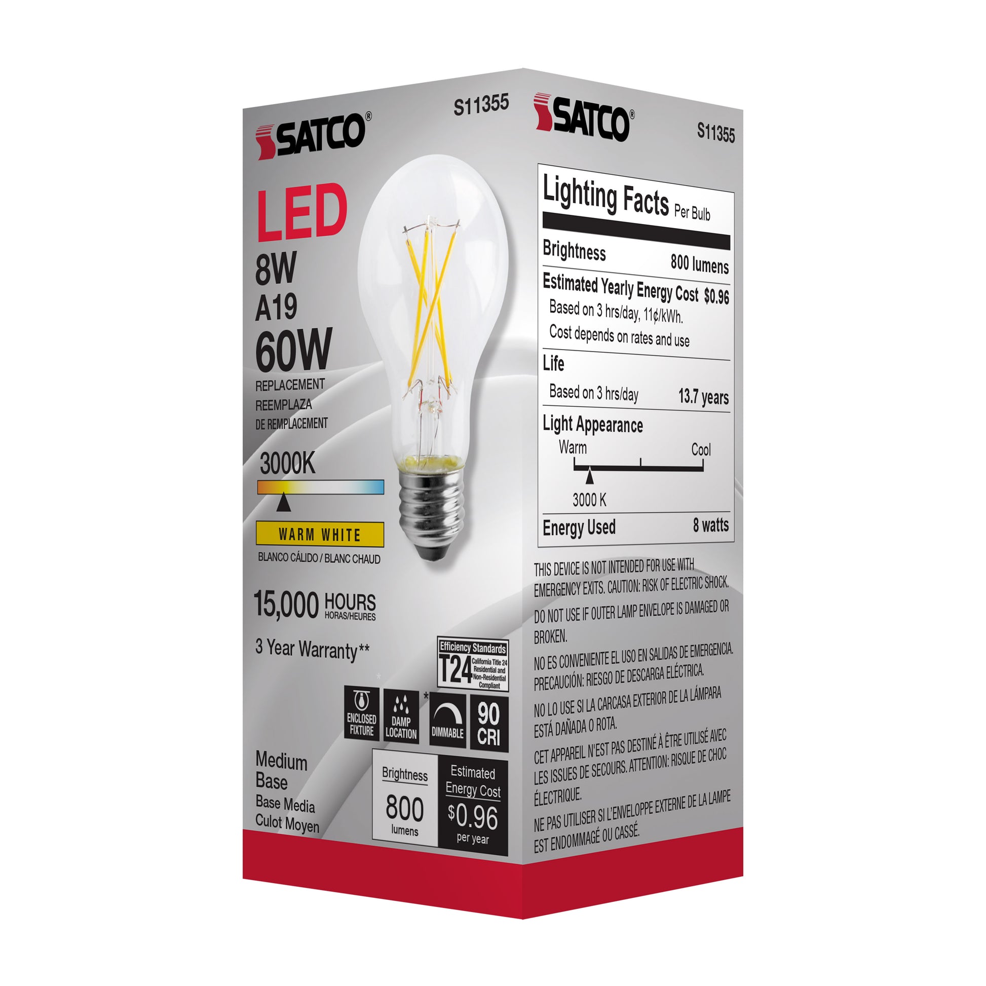 image of 8 Watt - A19 LED - Clear - 3000K - Medium base - 120 Volt