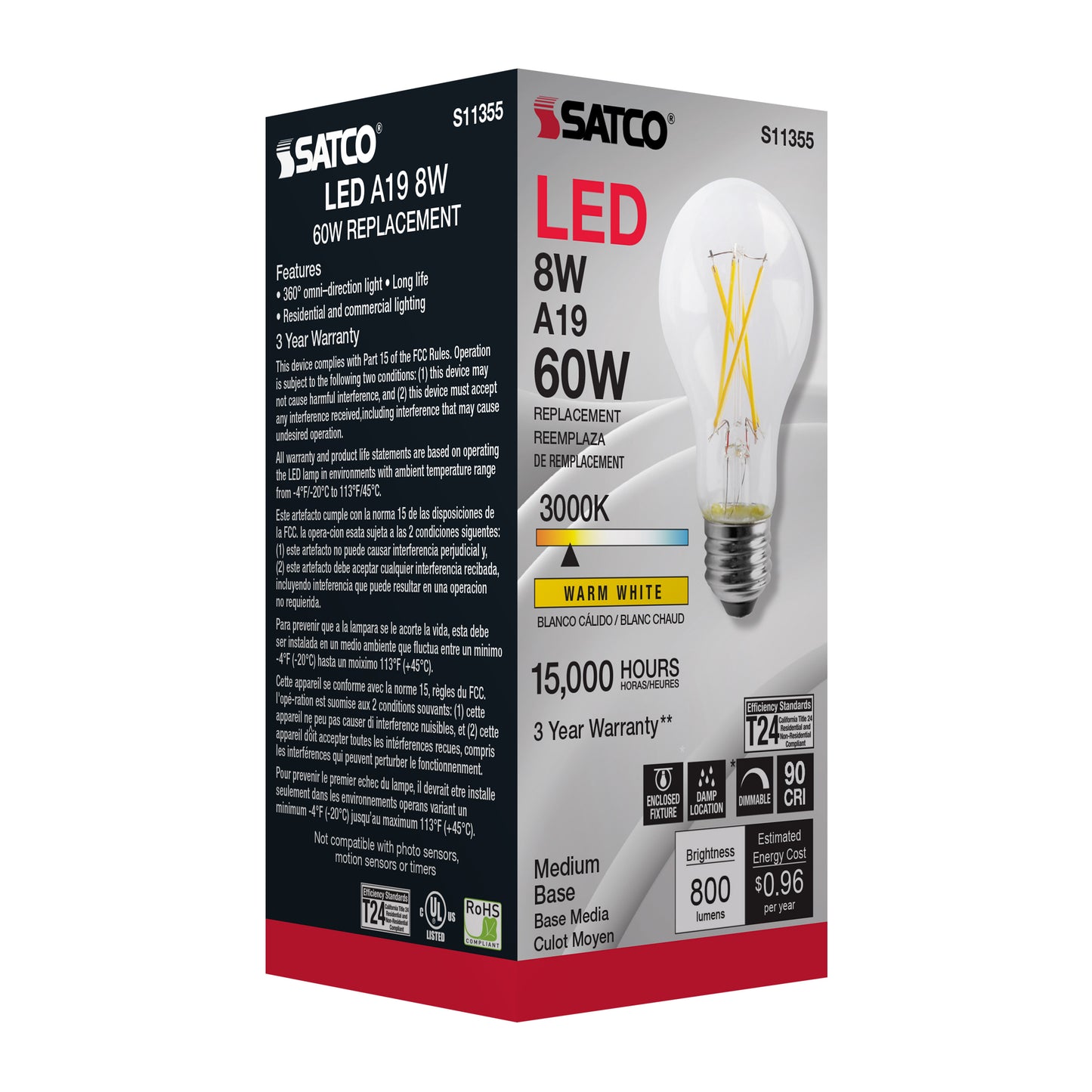 image of 8 Watt - A19 LED - Clear - 3000K - Medium base - 120 Volt