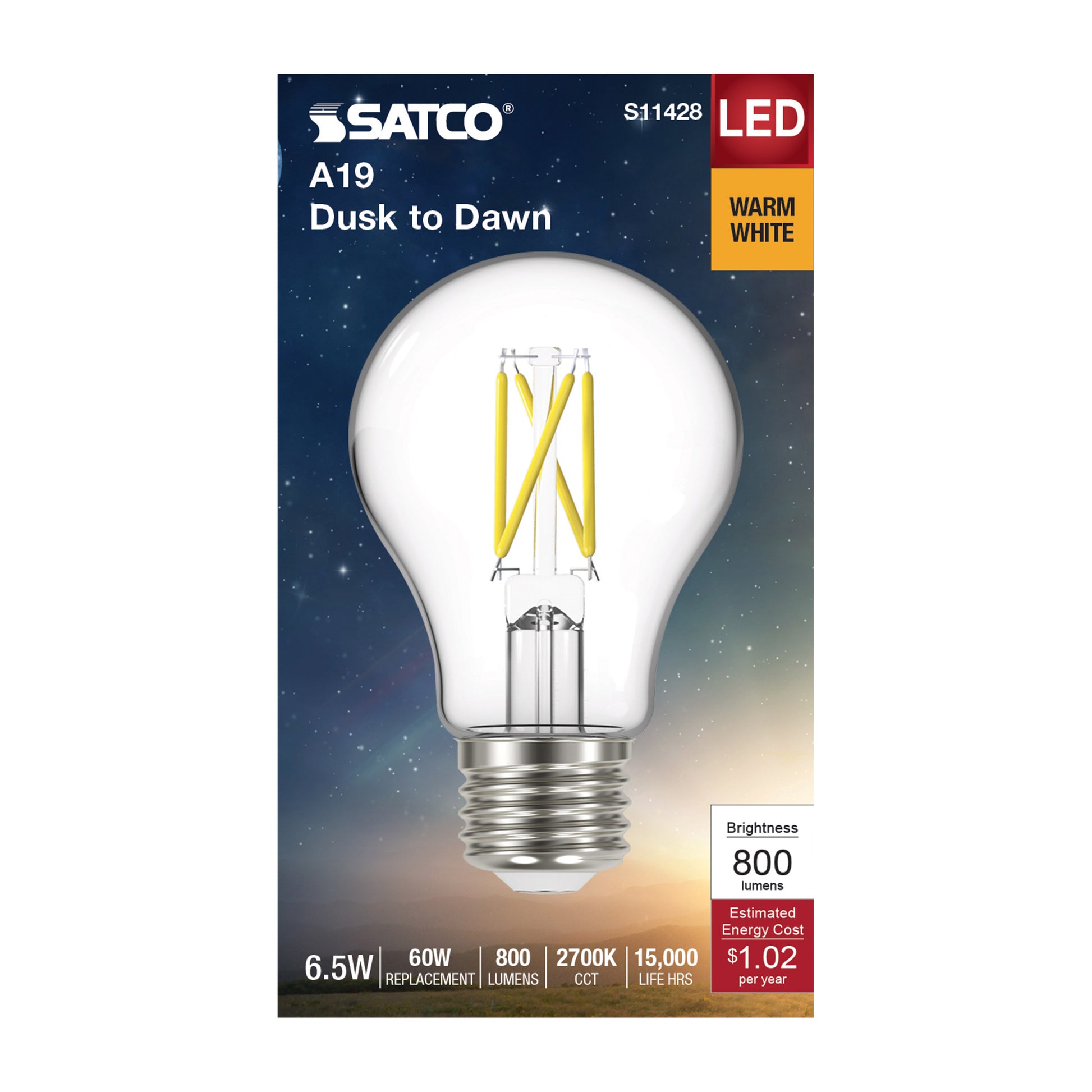 image of 6.5 Watt - A19 LED - Dusk to Dawn With PhotoCell - 2700K - Medium base - 320 deg. Beam Angle - 120 Volt