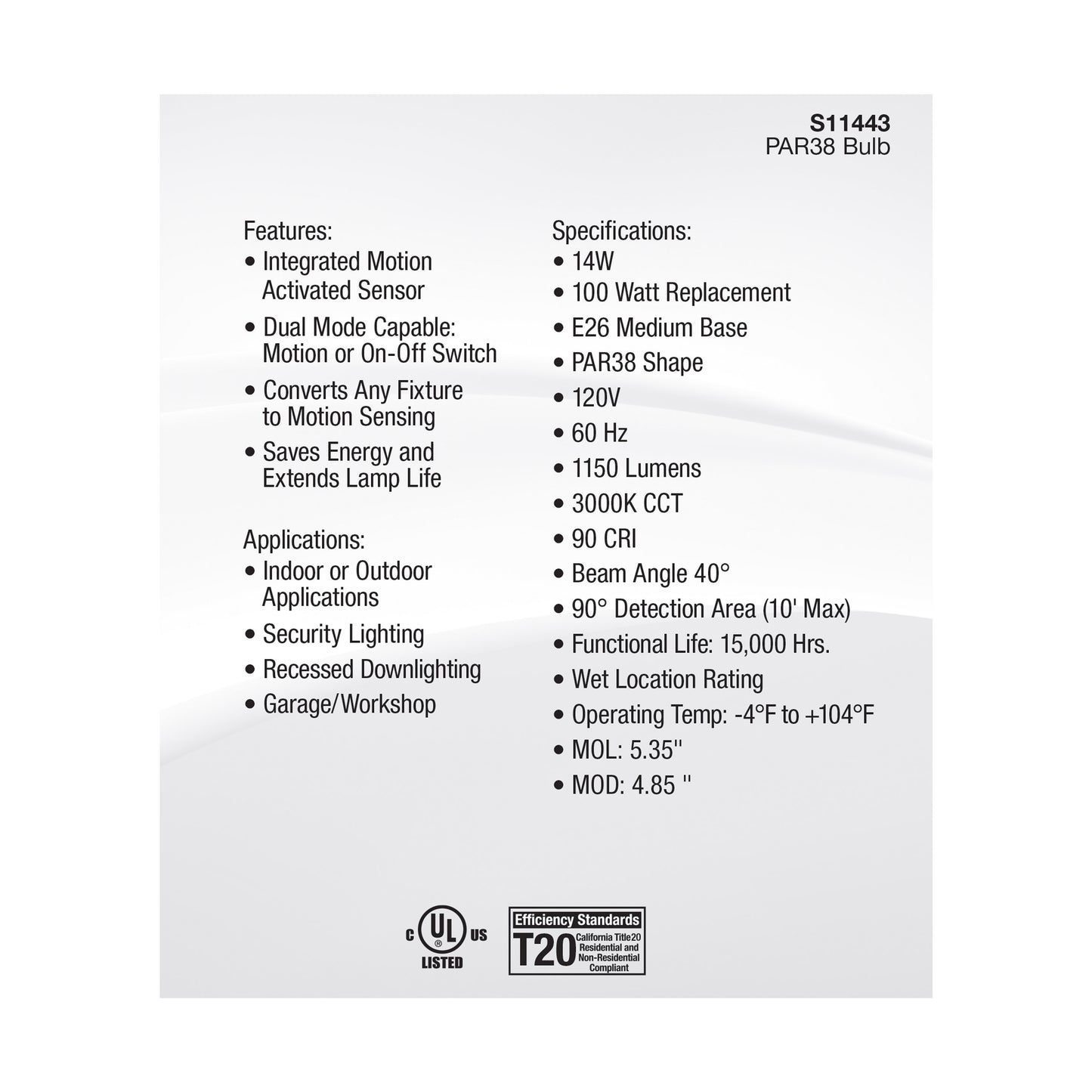 image of 14 Watt PAR38 LED - White - 3000K - 1100 Lumens - 120 Volt - PIR Sensor - Non-Dimmable