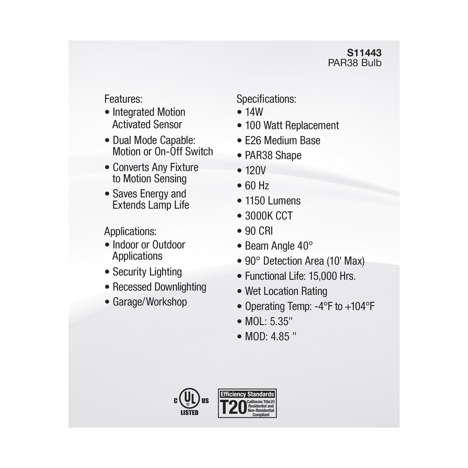 image of 14 Watt PAR38 LED - White - 3000K - 1100 Lumens - 120 Volt - PIR Sensor - Non-Dimmable