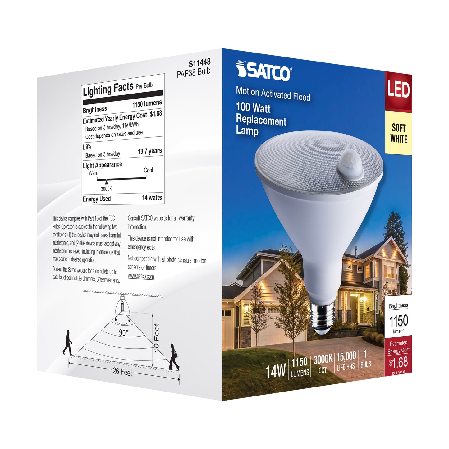 image of 14 Watt PAR38 LED - White - 3000K - 1100 Lumens - 120 Volt - PIR Sensor - Non-Dimmable
