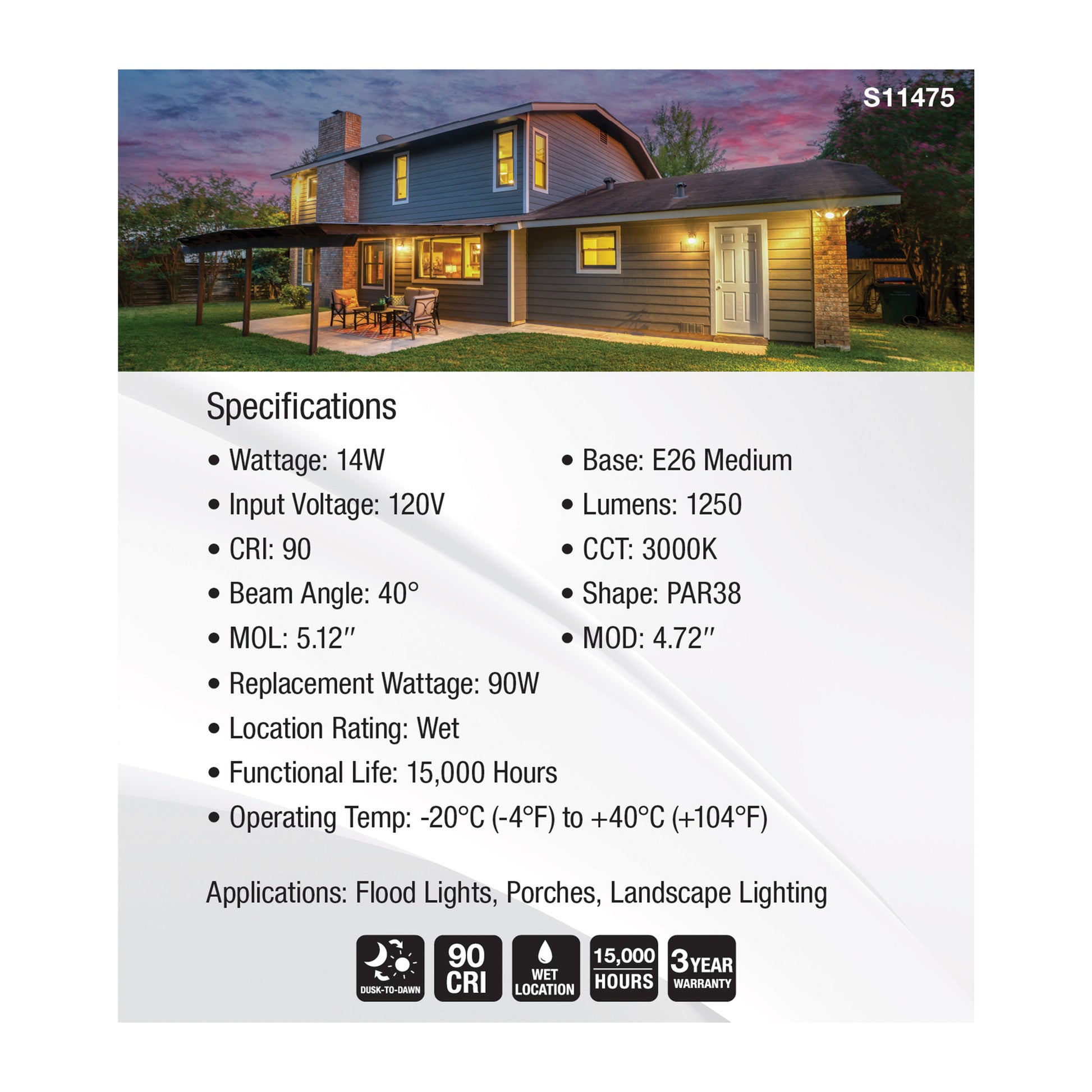 image of 14 Watt Dusk to Dawn LED - PAR38 - 3000K - Medium Base - White Finish - 120 Volt