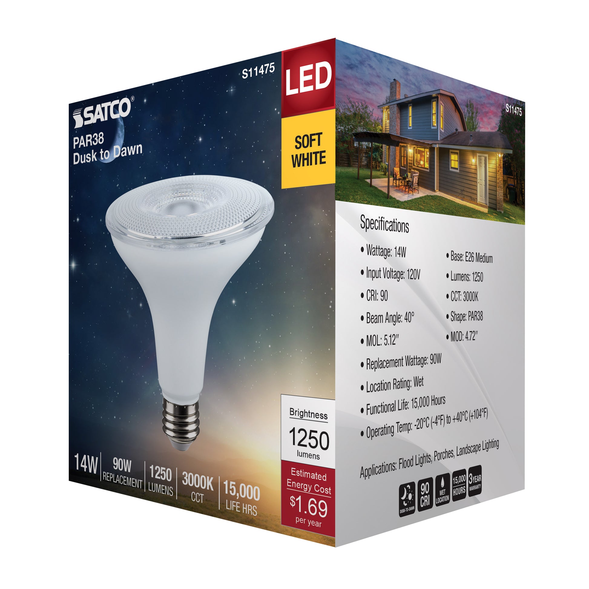 image of 14 Watt Dusk to Dawn LED - PAR38 - 3000K - Medium Base - White Finish - 120 Volt