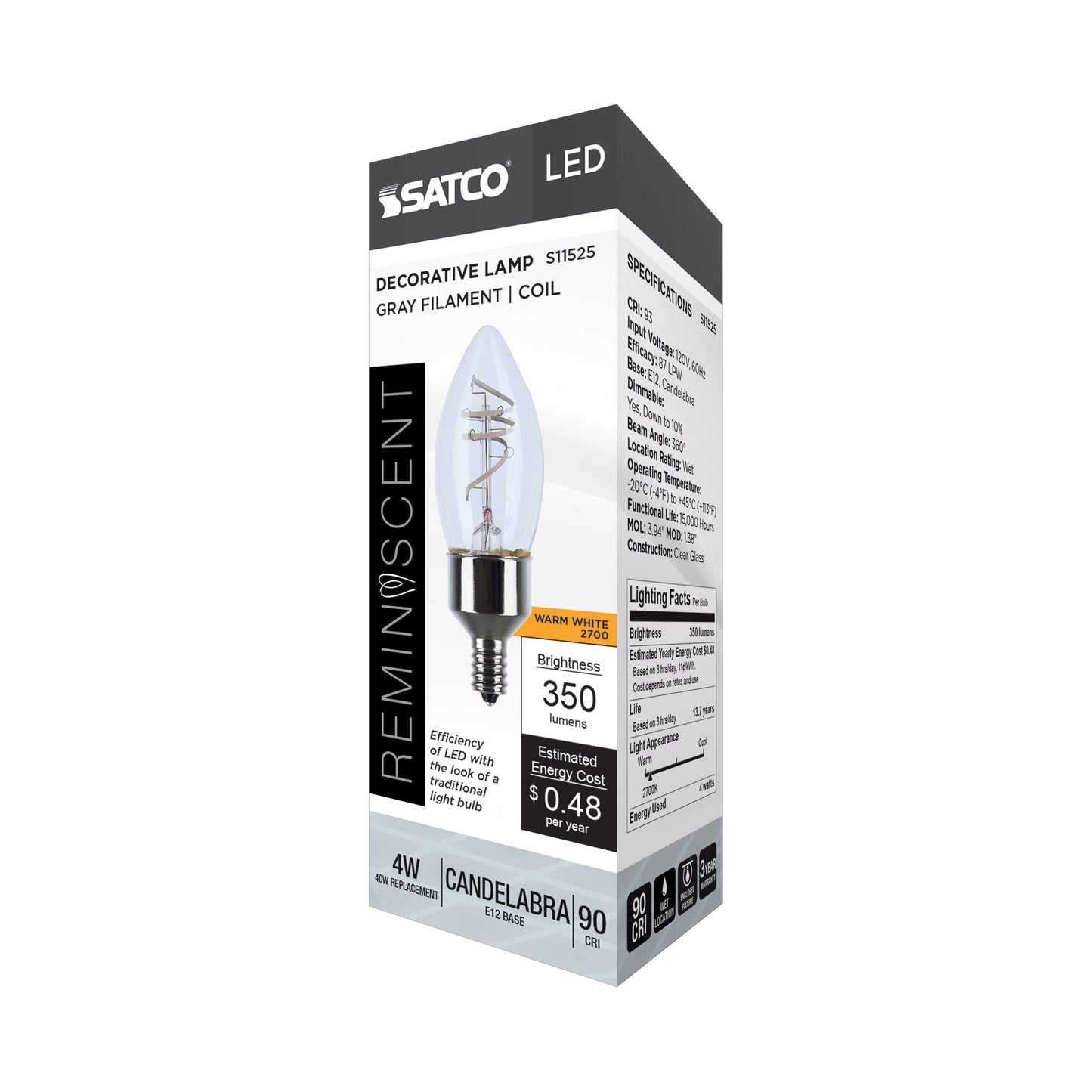 image of 4 Watt LED - Reminiscent - Flex Gray Coil Filament - B11 - Candelabra Base - 2700K CCT - Clear - 120 Volt