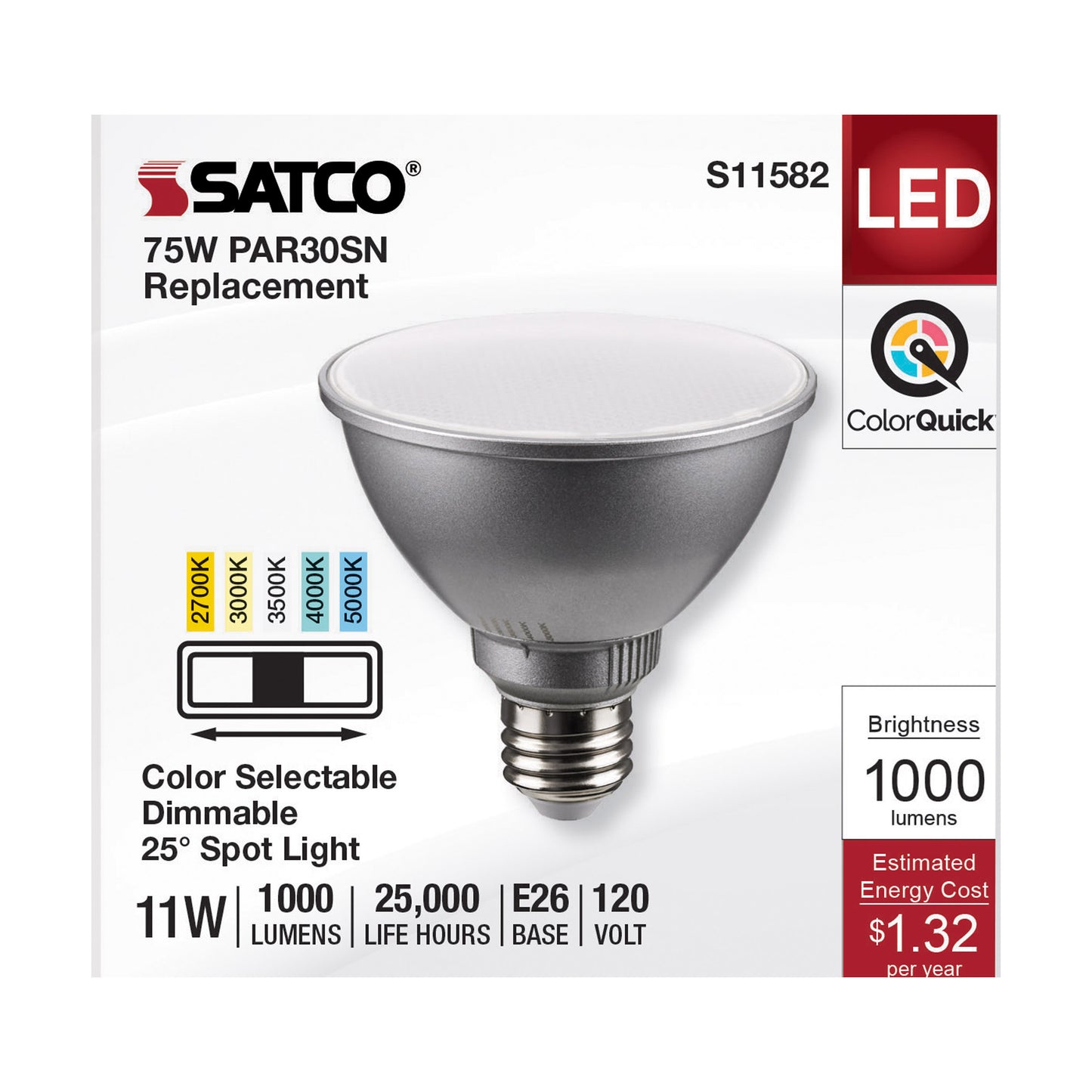 image of 11 Watt PAR30SN LED - Medium Base - Silver Finish - CCT Selectable - 120 Volt - 25 Degree Beam Angle