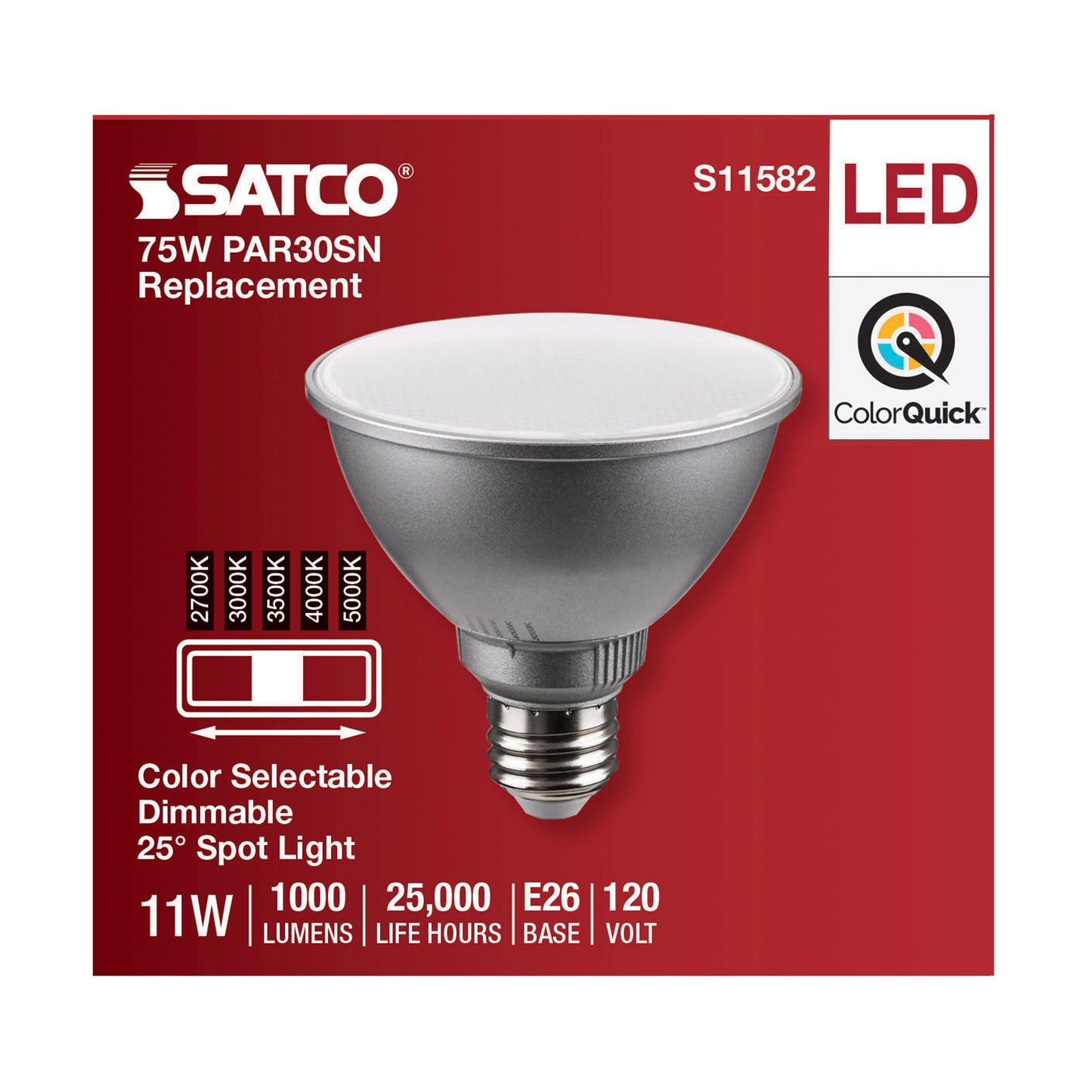 image of 11 Watt PAR30SN LED - Medium Base - Silver Finish - CCT Selectable - 120 Volt - 25 Degree Beam Angle