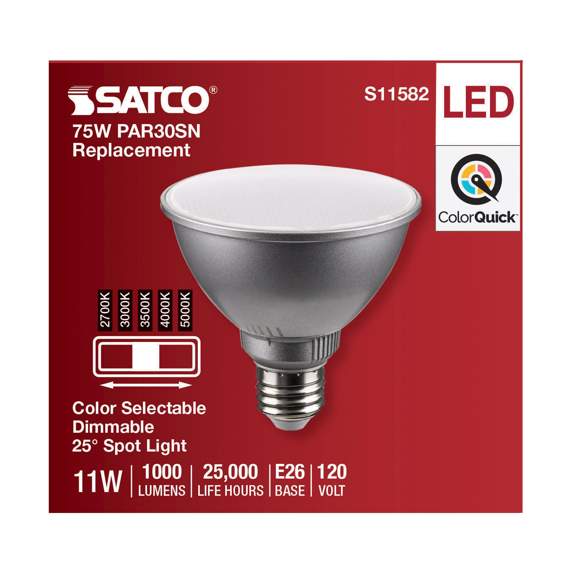 image of 11 Watt PAR30SN LED - Medium Base - Silver Finish - CCT Selectable - 120 Volt - 25 Degree Beam Angle