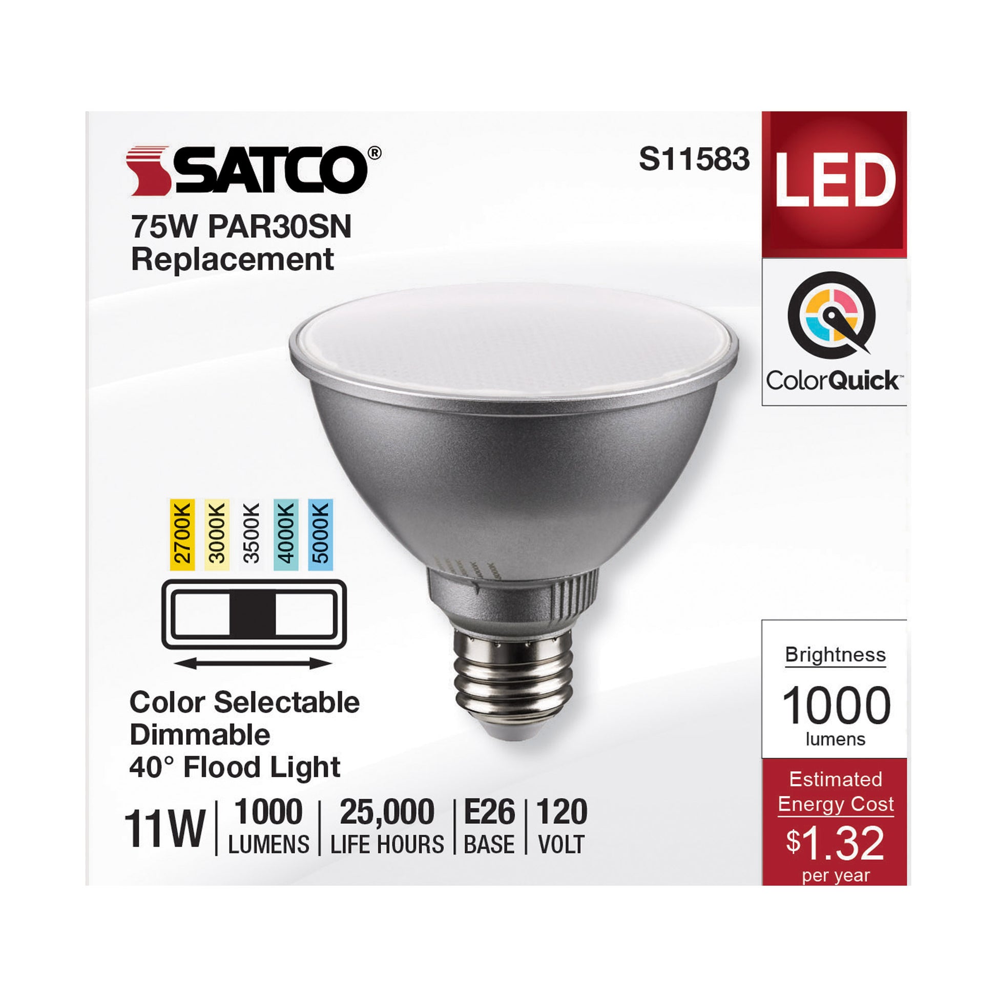 image of 11 Watt PAR30SN LED - Medium Base - Silver Finish - CCT Selectable - 120 Volt - 40 Degree Beam Angle