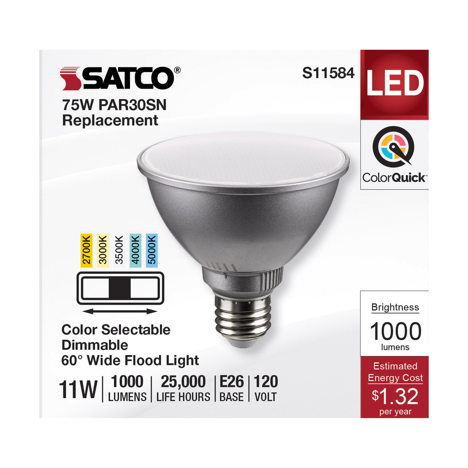 image of 11 Watt PAR30SN LED - Medium Base - Silver Finish - CCT Selectable - 120 Volt - 60 Degree Beam Angle