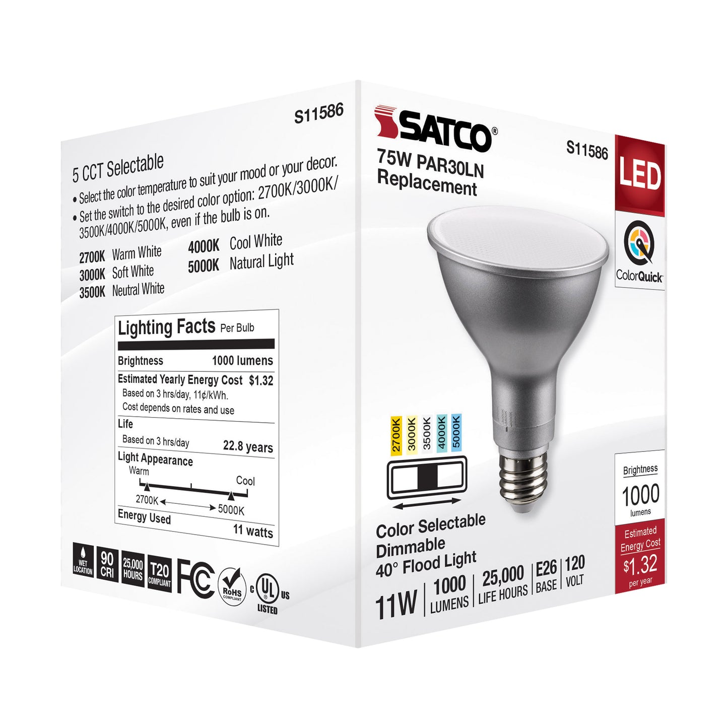image of 11 Watt PAR30LN LED - Medium Base - Silver Finish - CCT Selectable - 120 Volt - 40 Degree Beam Angle
