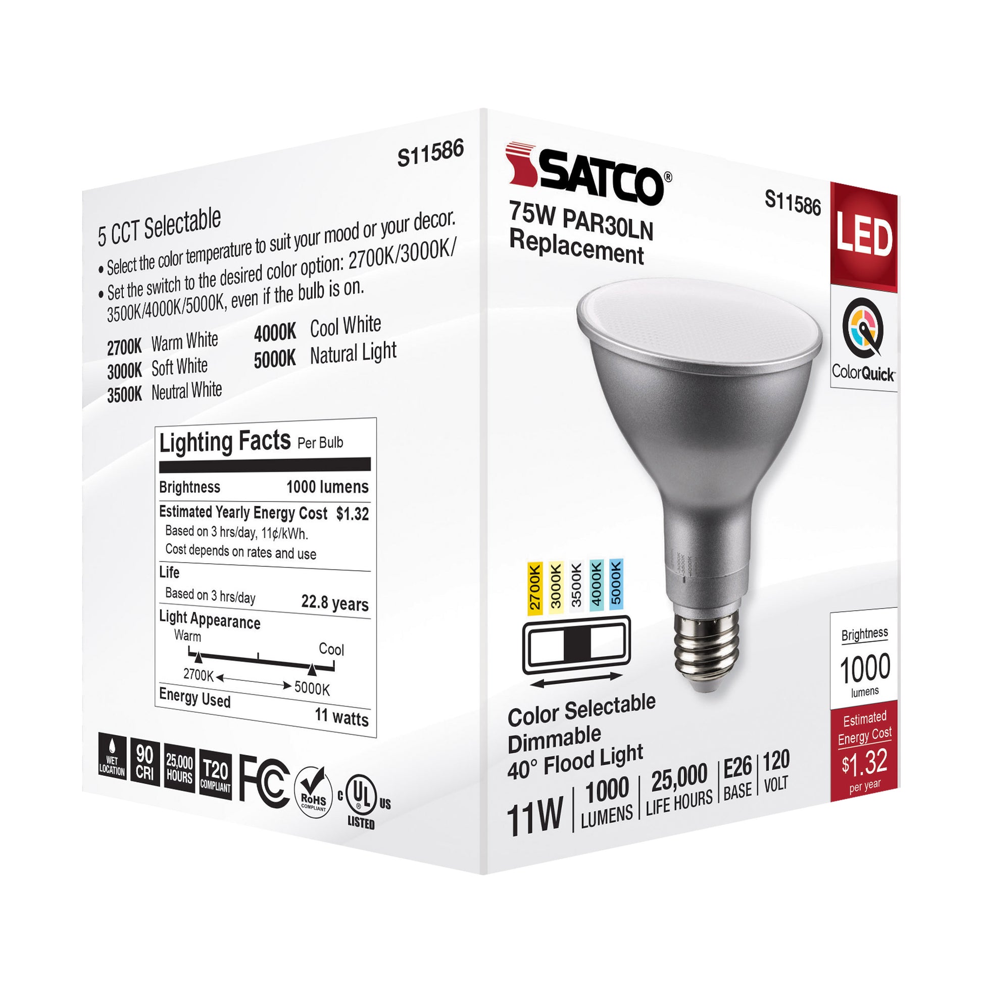 image of 11 Watt PAR30LN LED - Medium Base - Silver Finish - CCT Selectable - 120 Volt - 40 Degree Beam Angle