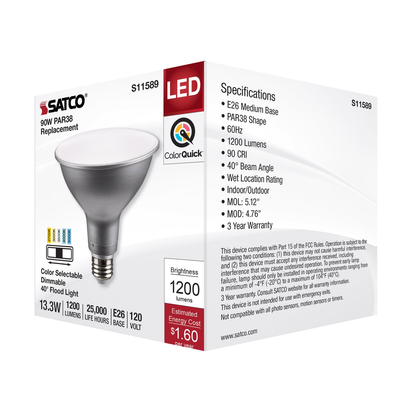 image of 13.3 Watt PAR38 LED - Medium Base - Silver Finish - CCT Selectable - 120 Volt - 40 Degree Beam Angle