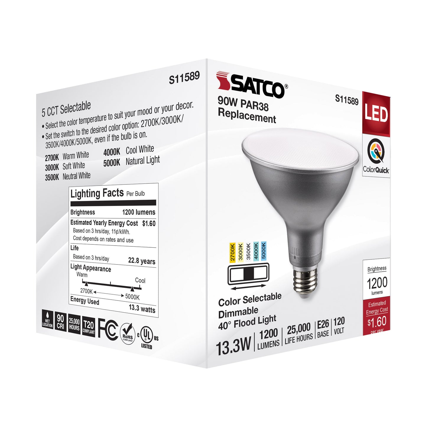 image of 13.3 Watt PAR38 LED - Medium Base - Silver Finish - CCT Selectable - 120 Volt - 40 Degree Beam Angle