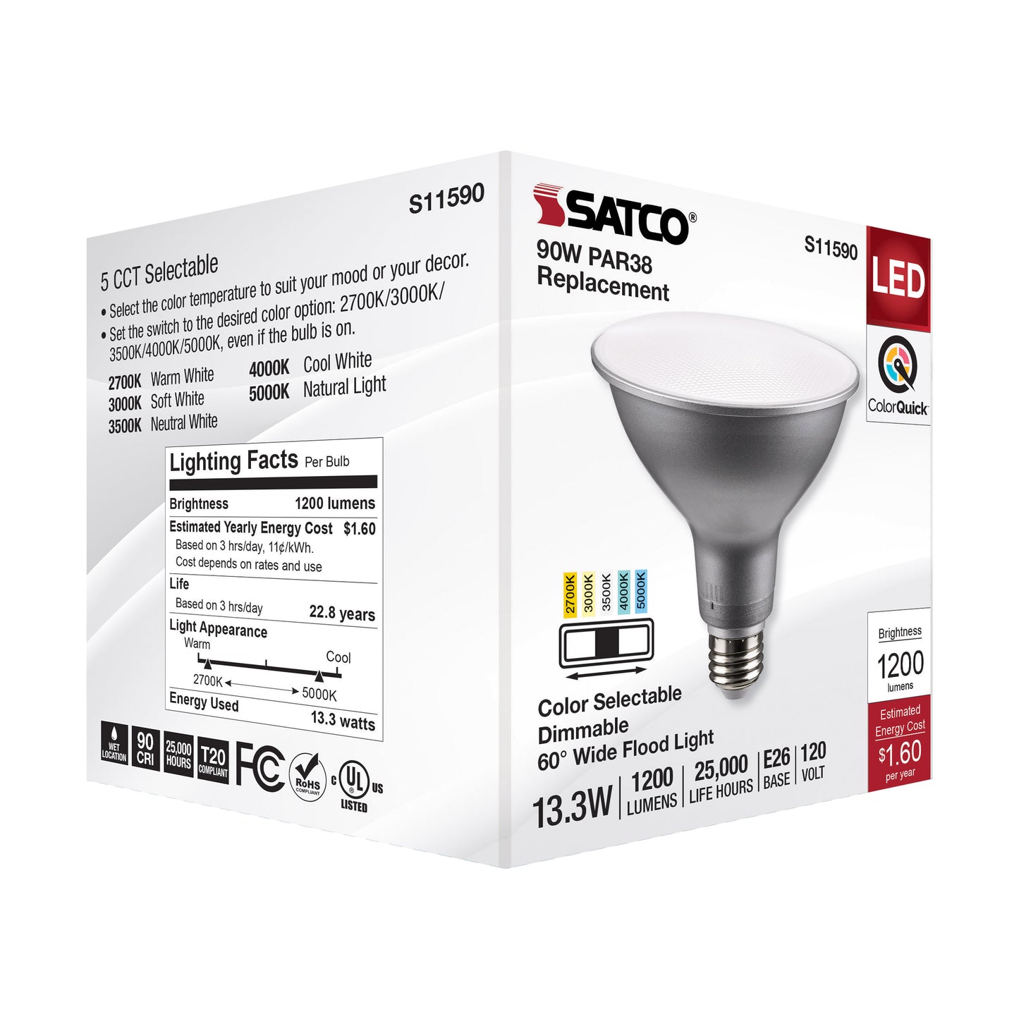image of 13.3 Watt PAR38 LED - Medium Base - Silver Finish - CCT Selectable - 120 Volt - 60 Degree Beam Angle
