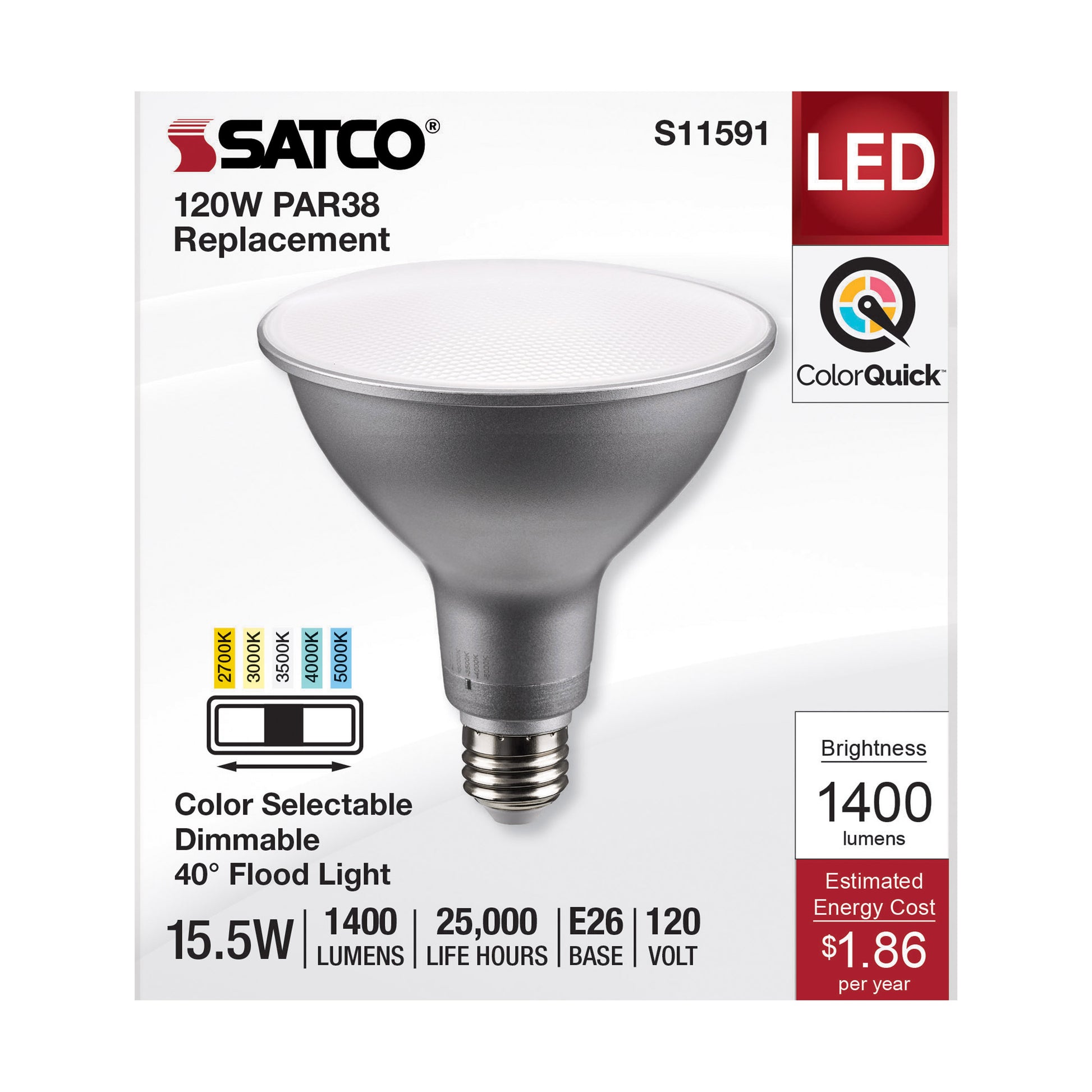 image of 15.5 Watt PAR38 LED - Medium Base - Silver Finish - CCT Selectable - 120 Volt - 40 Degree Beam Angle
