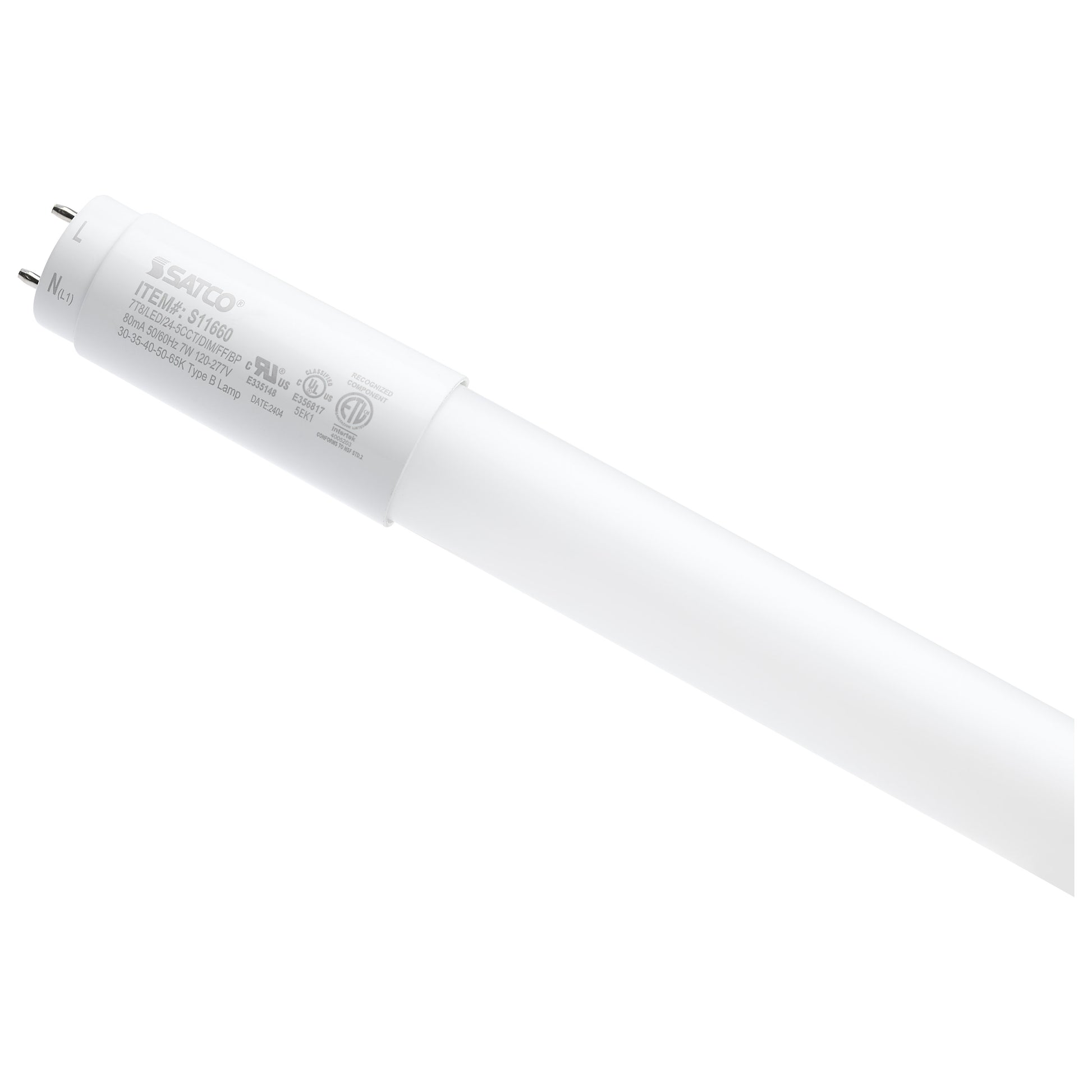 image of 7 Watt T8 LED - 24 Inch - 30K/35K/40K/50K/65K CCT Selectable - Low Optical Flicker (less than 5%) - Medium Bi Pin Base - Type B Ballast Bypass - 120-277 Volt - Frost Finish