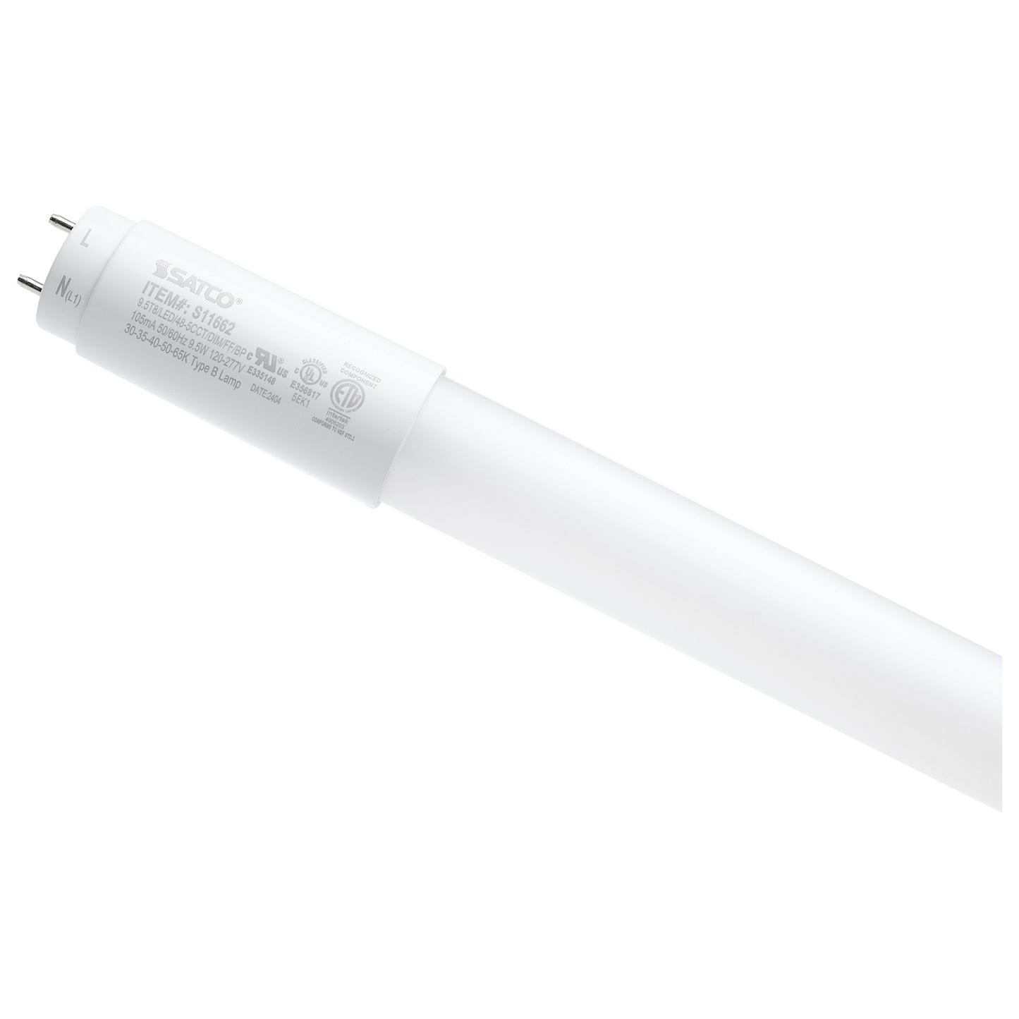 image of 9.5 Watt T8 LED - 48 Inch - 30K/35K/40K/50K/65K CCT Selectable - Low Optical Flicker (less than 5%) - Medium Bi Pin Base - Type B Ballast Bypass - 120-277 Volt - Frost Finish