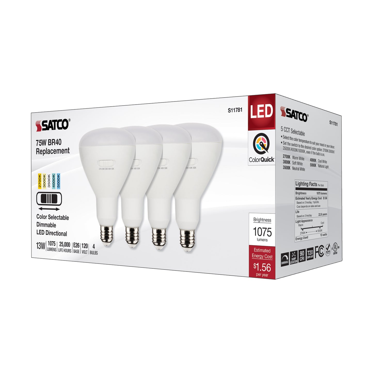 image of 13 Watt BR40 LED - Medium Base - CCT Selectable - White Finish - 90 CRI - 120 Volt - 4 Pack