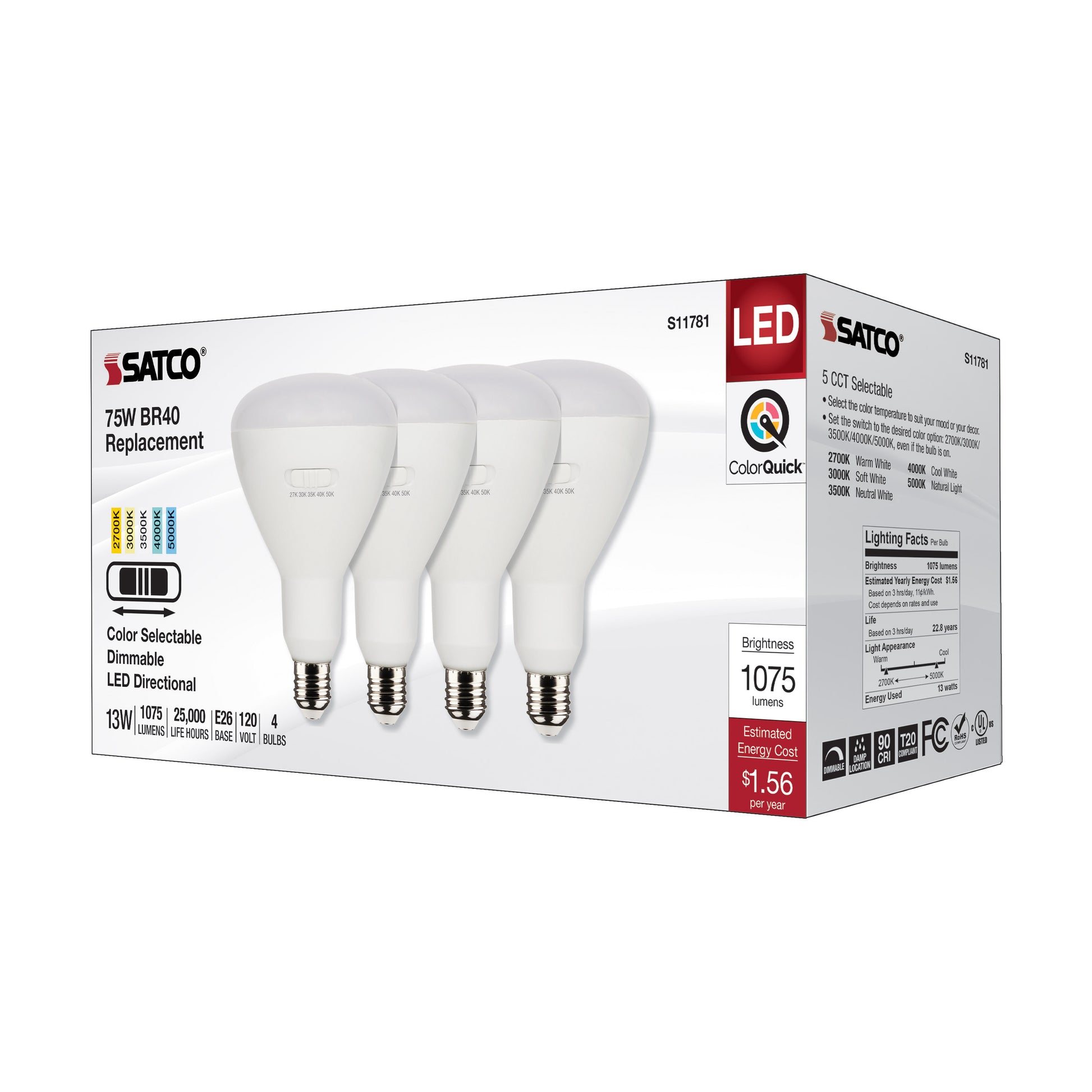 image of 13 Watt BR40 LED - Medium Base - CCT Selectable - White Finish - 90 CRI - 120 Volt - 4 Pack