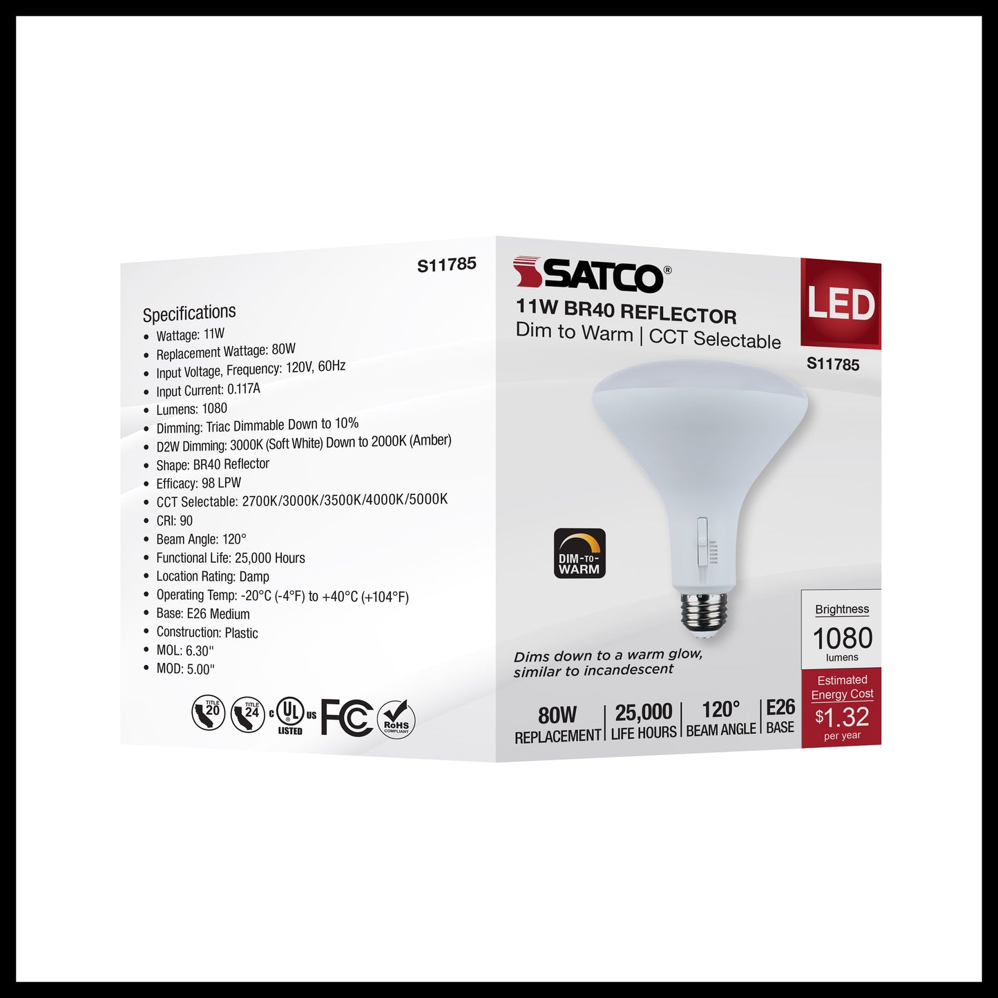 image of 11 Watt BR40 LED - 27K/30K/35K/40K/50K CCT Selectable - Dim to Warm - White Finish - 120 Volt