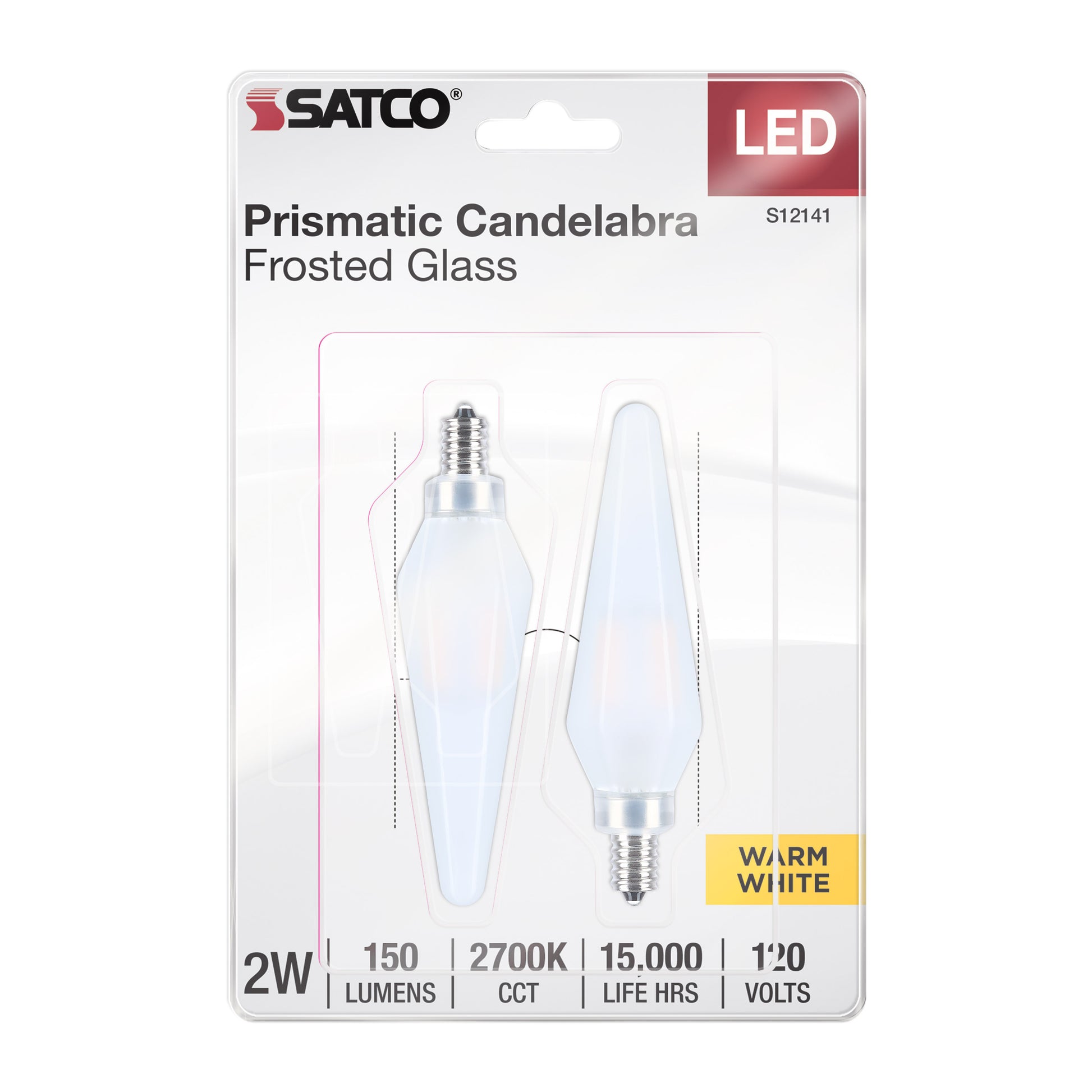 image of 2 Watt Prismatic HX11 LED - 2700K CCT - Candelabra Base - 120 Volt - Frost Finish - 2-Card