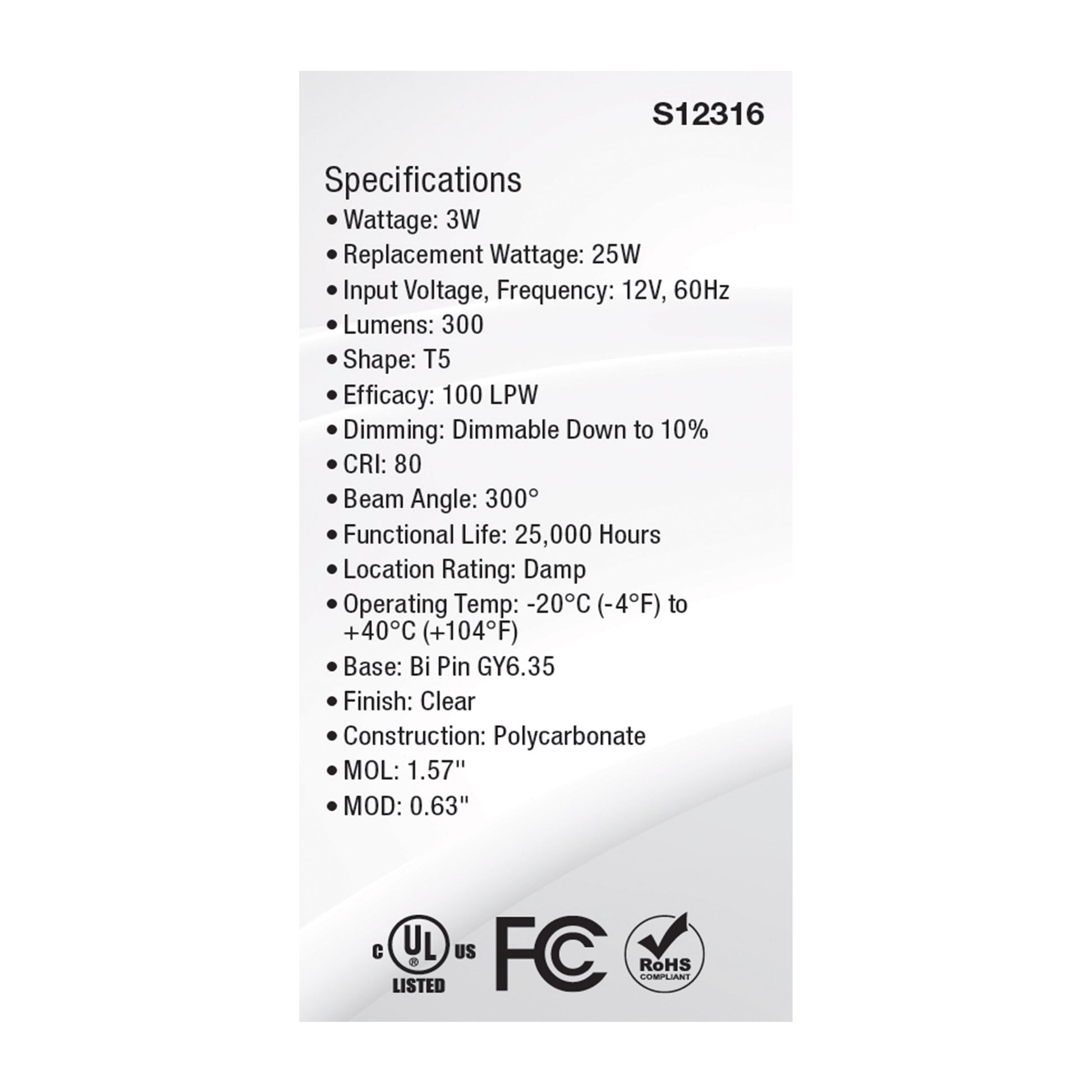 image of 3 Watt T5 LED - Clear Finish - GY6.35 Base - 3000K - 12 Volt