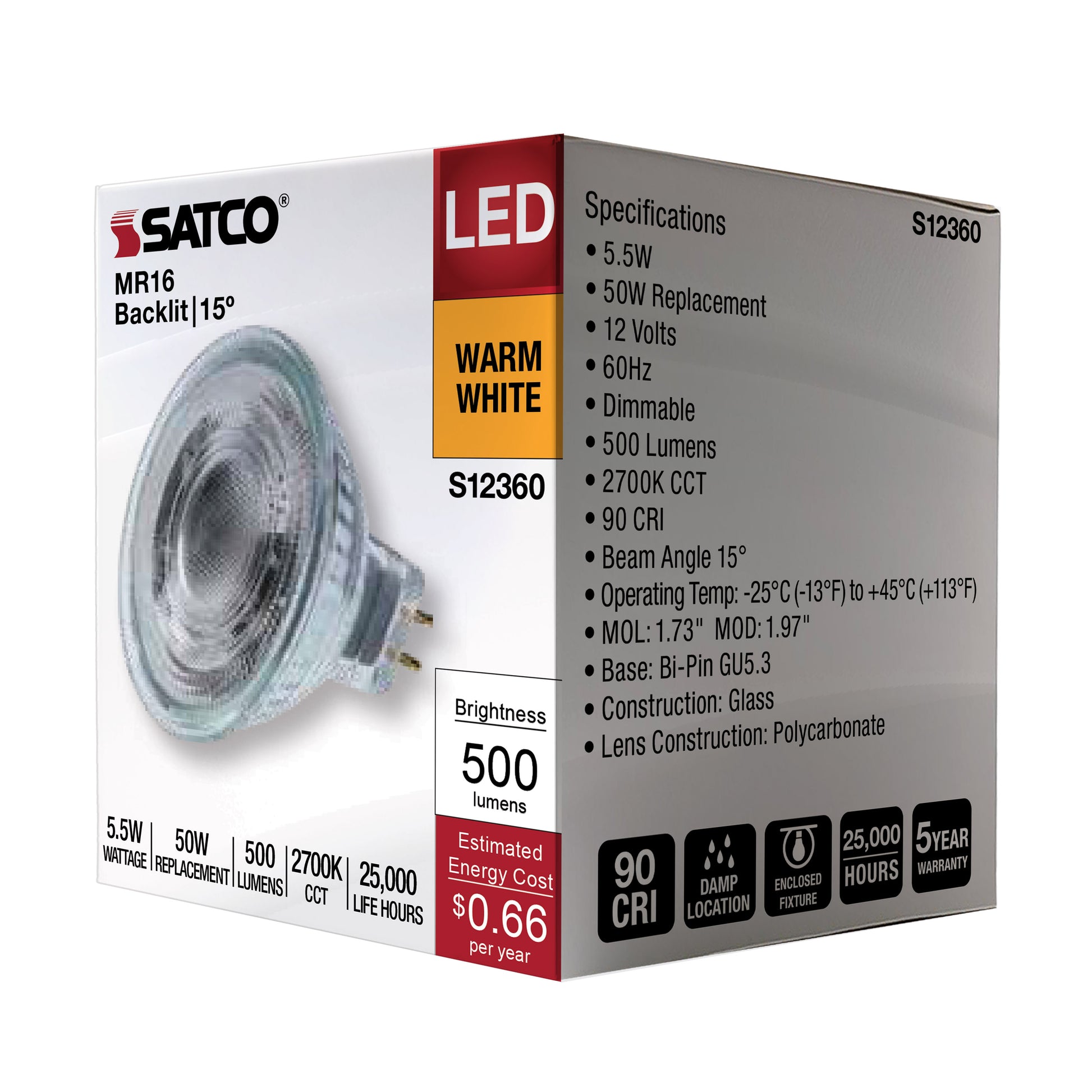 image of 5.5 Watt MR16 LED Spotlight - 2700K CCT - GU5.3 Base - 12 Volt