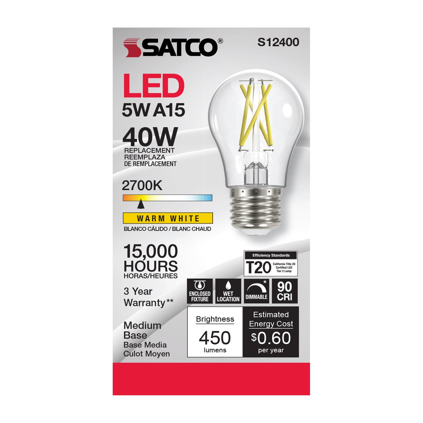 image of 5 Watt LED A15 - Clear - Medium Base - 2700K - 90 CRI - 120 Volt