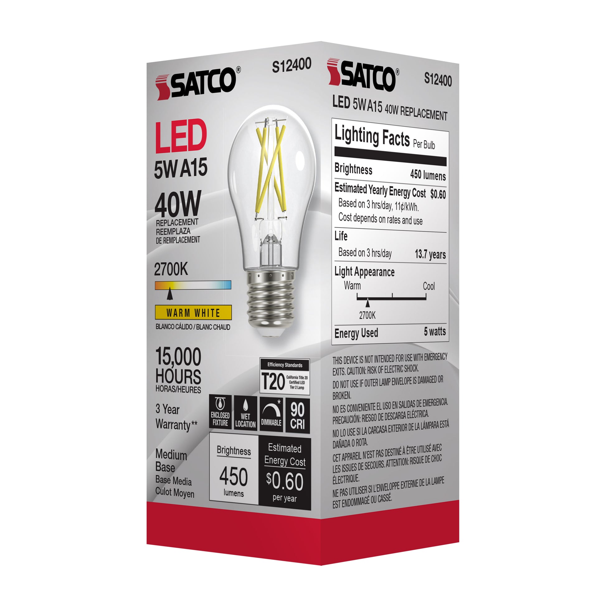 image of 5 Watt LED A15 - Clear - Medium Base - 2700K - 90 CRI - 120 Volt