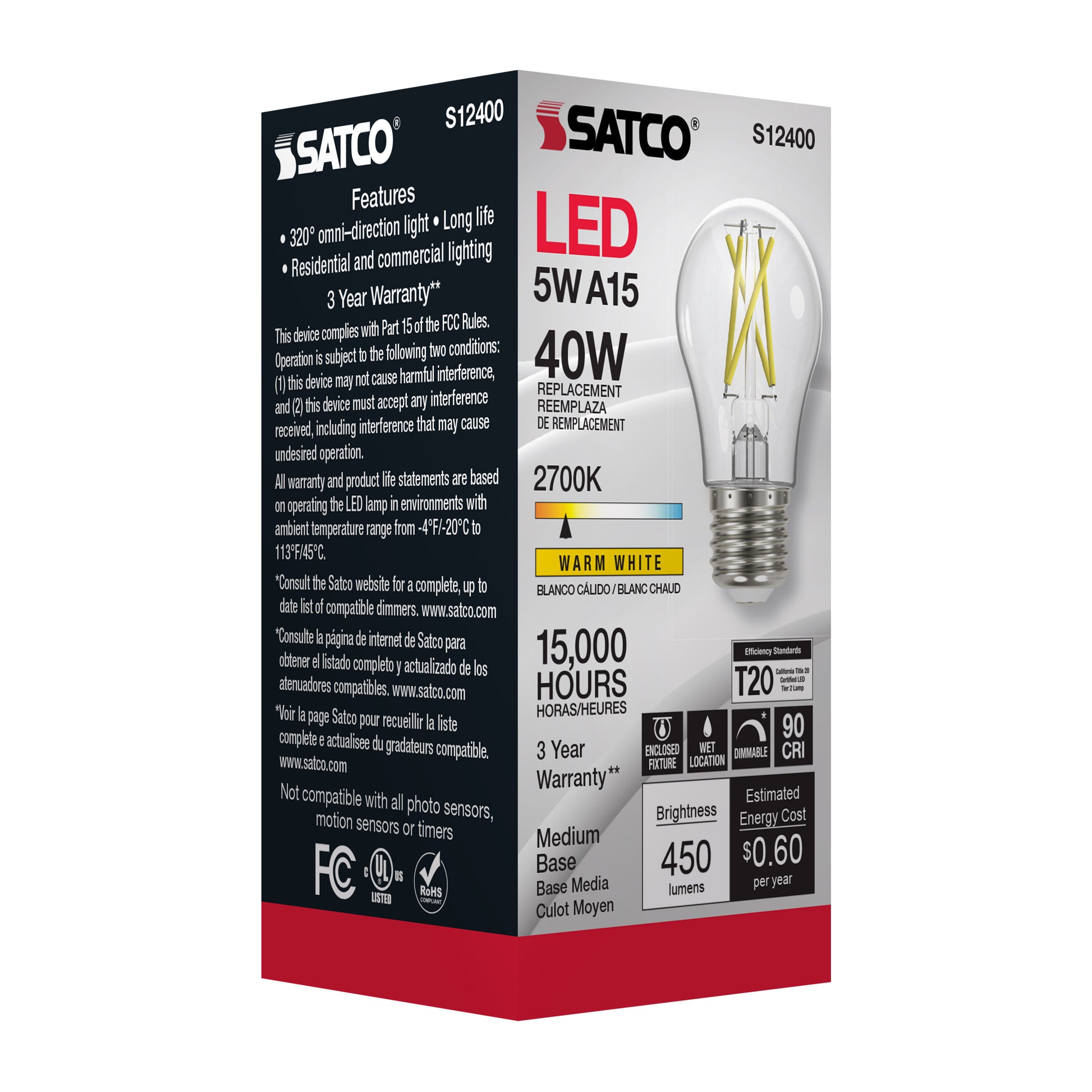 image of 5 Watt LED A15 - Clear - Medium Base - 2700K - 90 CRI - 120 Volt