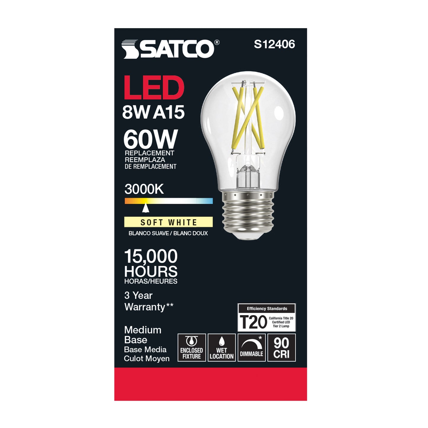 image of 8.2 Watt LED A15 - Clear - Medium Base - 3000K - 90 CRI - 120 Volt