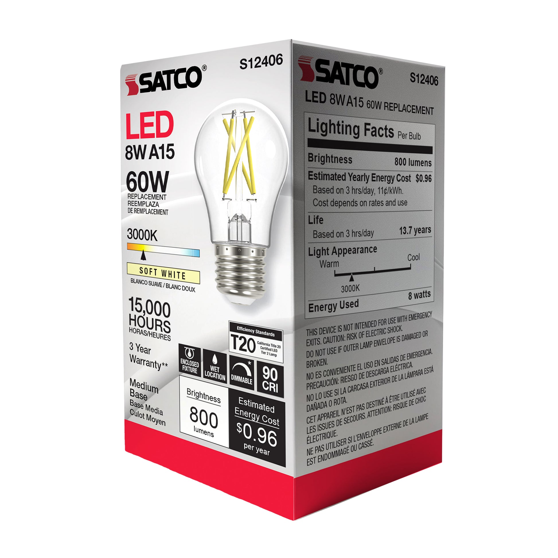 image of 8.2 Watt LED A15 - Clear - Medium Base - 3000K - 90 CRI - 120 Volt