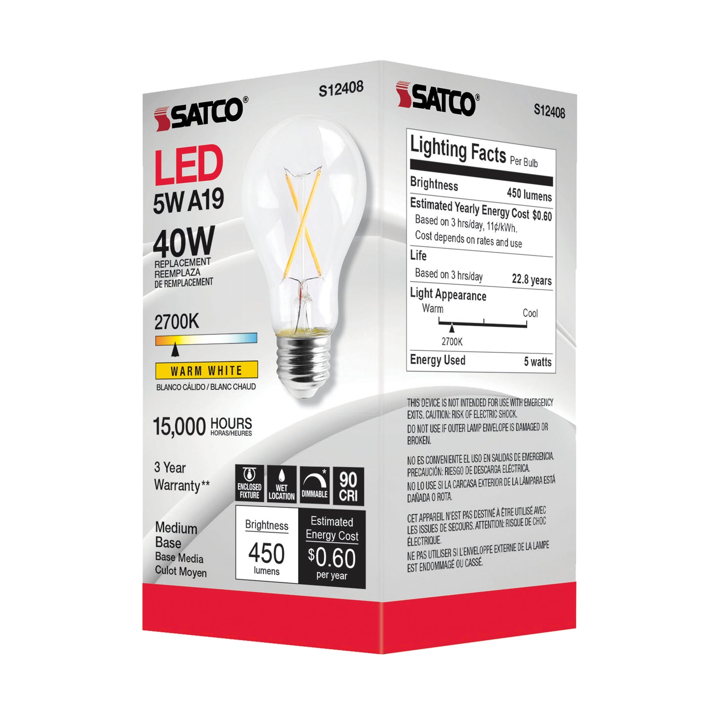 image of 5 Watt LED A19 - Clear - Medium Base - 2700K - 90 CRI - 120 Volt