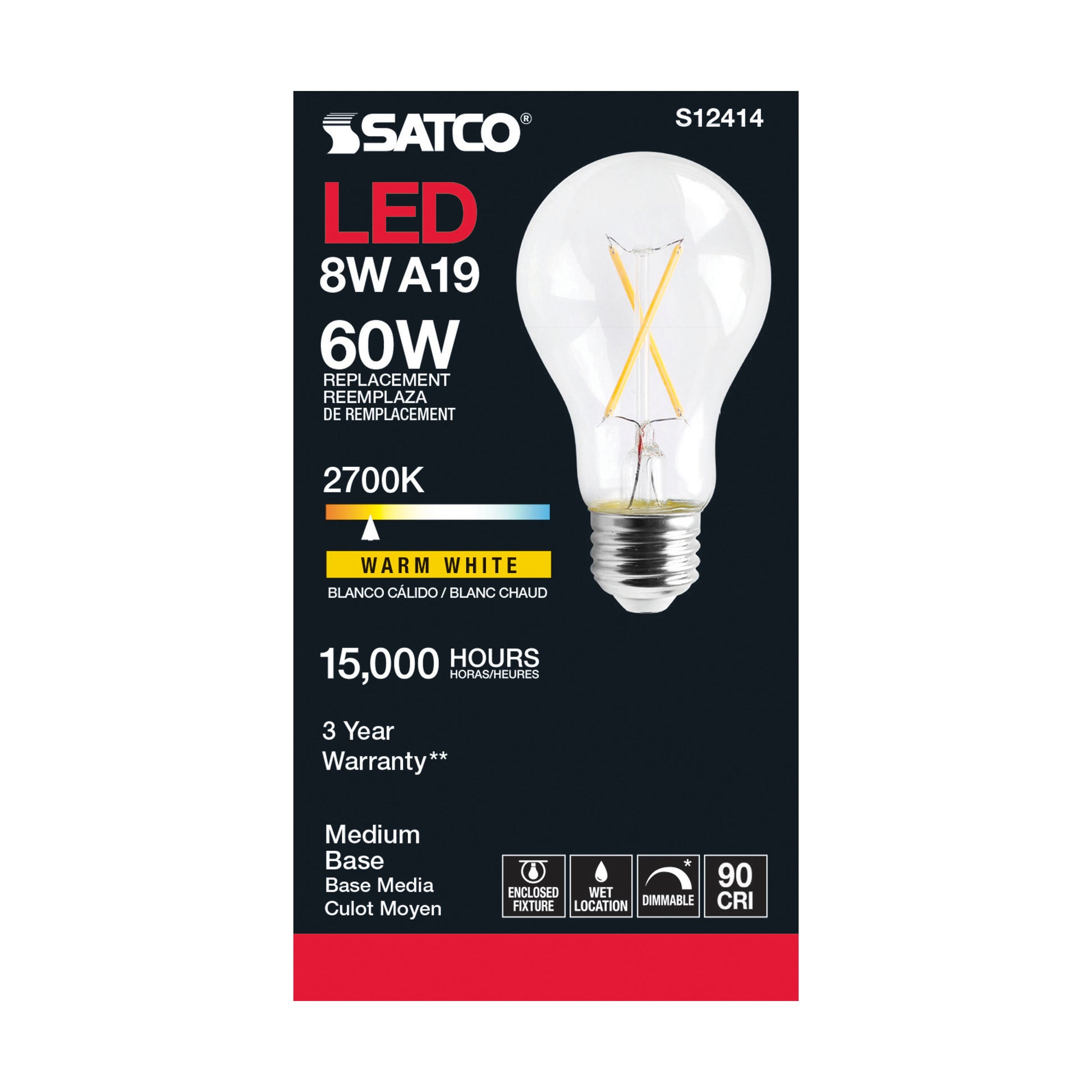 image of 8 Watt LED A19 - Clear - Medium Base - 2700K - 90 CRI - 120 Volt