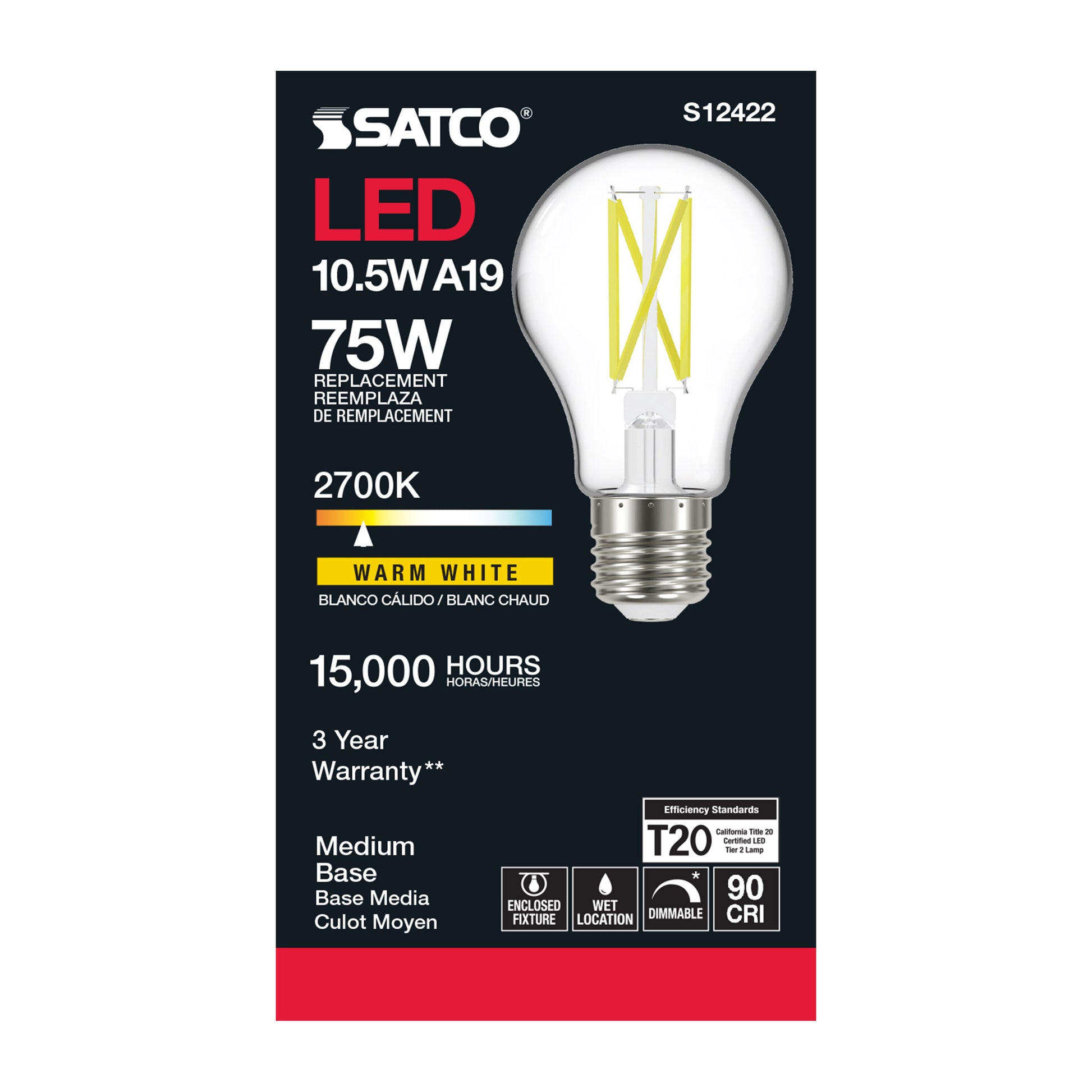 image of 10.5 Watt LED A19 - Clear - Medium Base - 2700K - 90 CRI - 120 Volt