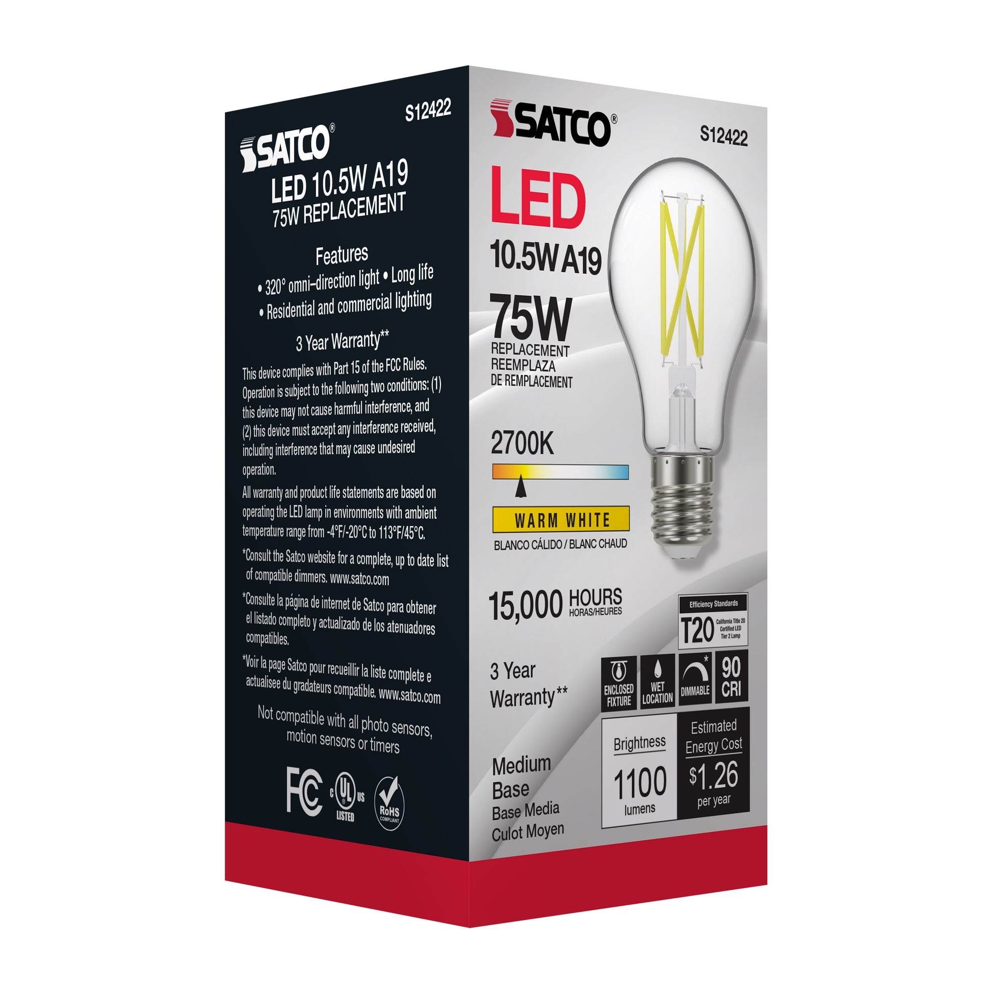 image of 10.5 Watt LED A19 - Clear - Medium Base - 2700K - 90 CRI - 120 Volt
