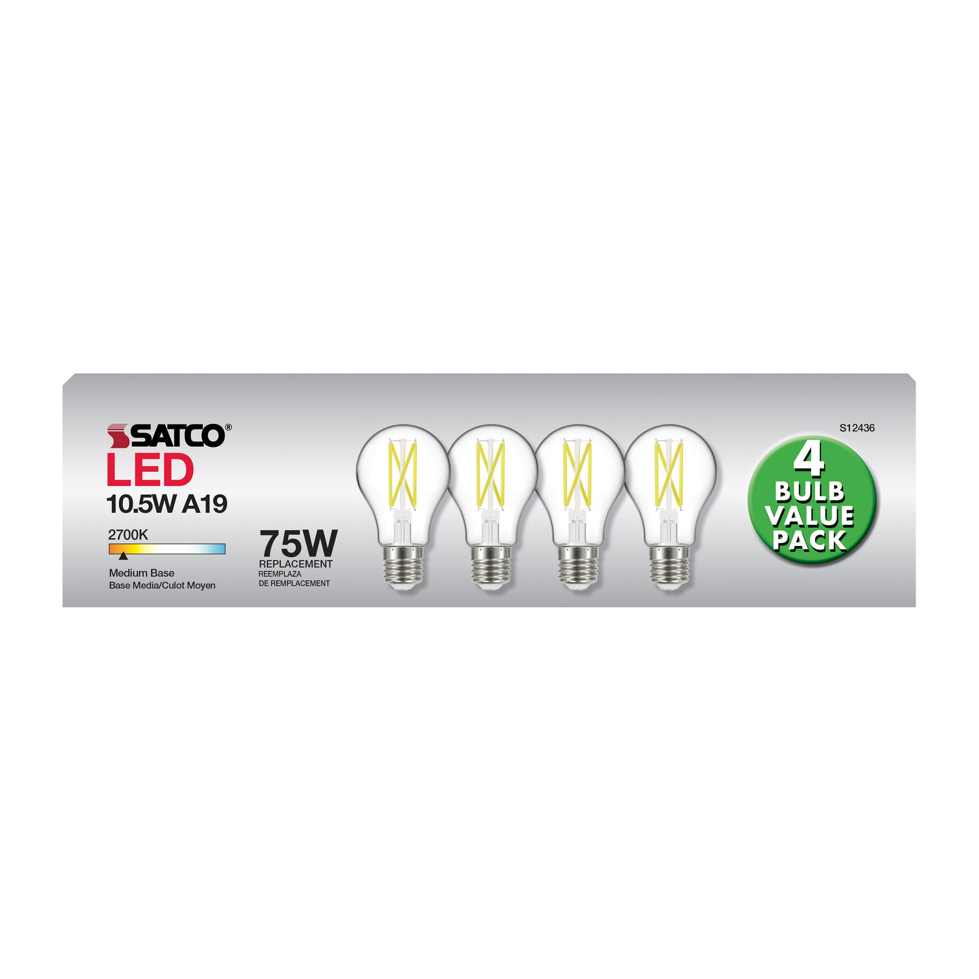 image of 10.5 Watt A19 LED - 75 Watt Replacement - Clear - Medium base - 2700K - 120 Volt - 4-Pack