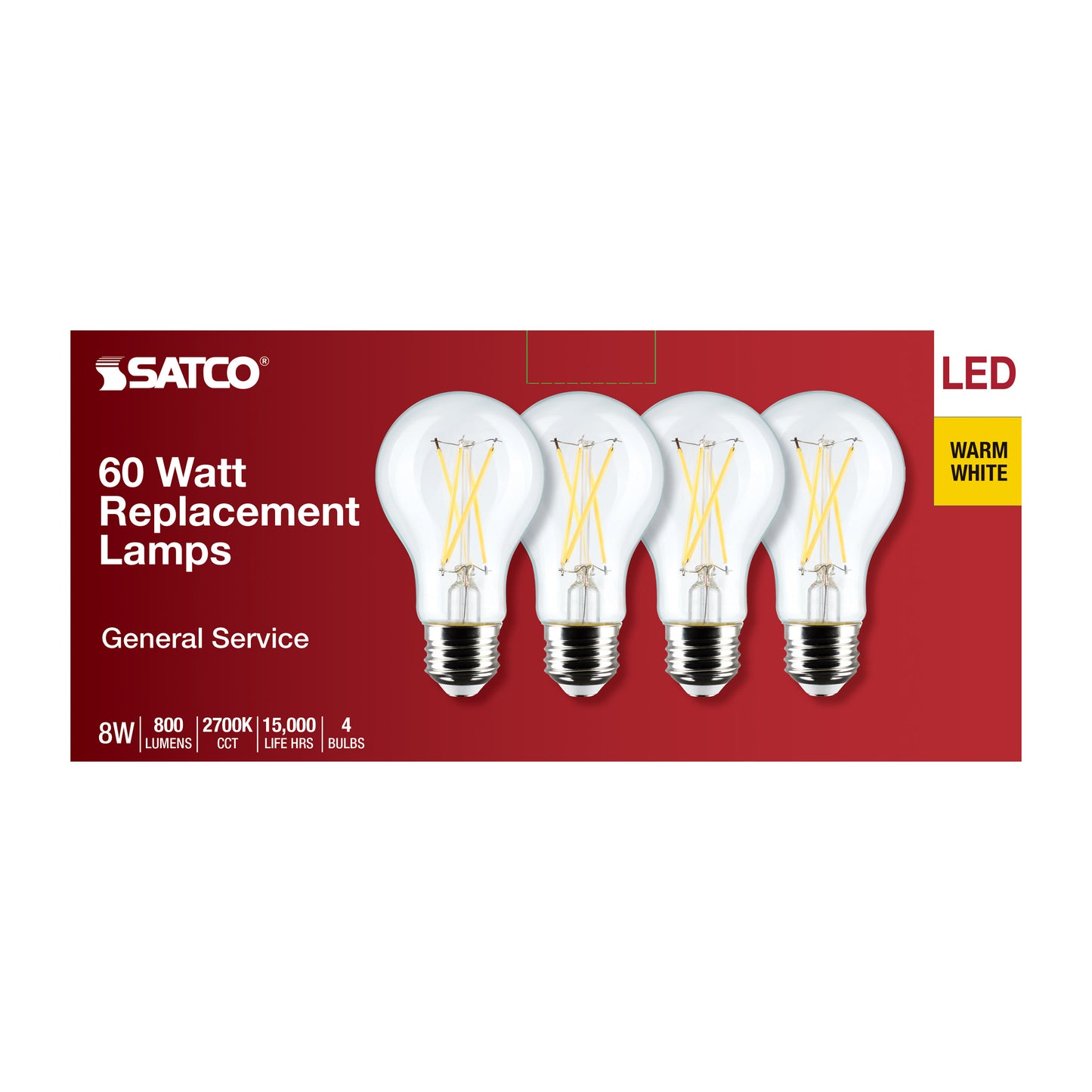 image of 8 Watt A19 LED - Clear - 2700K - Medium Base - 120 Volt - 4-Pack