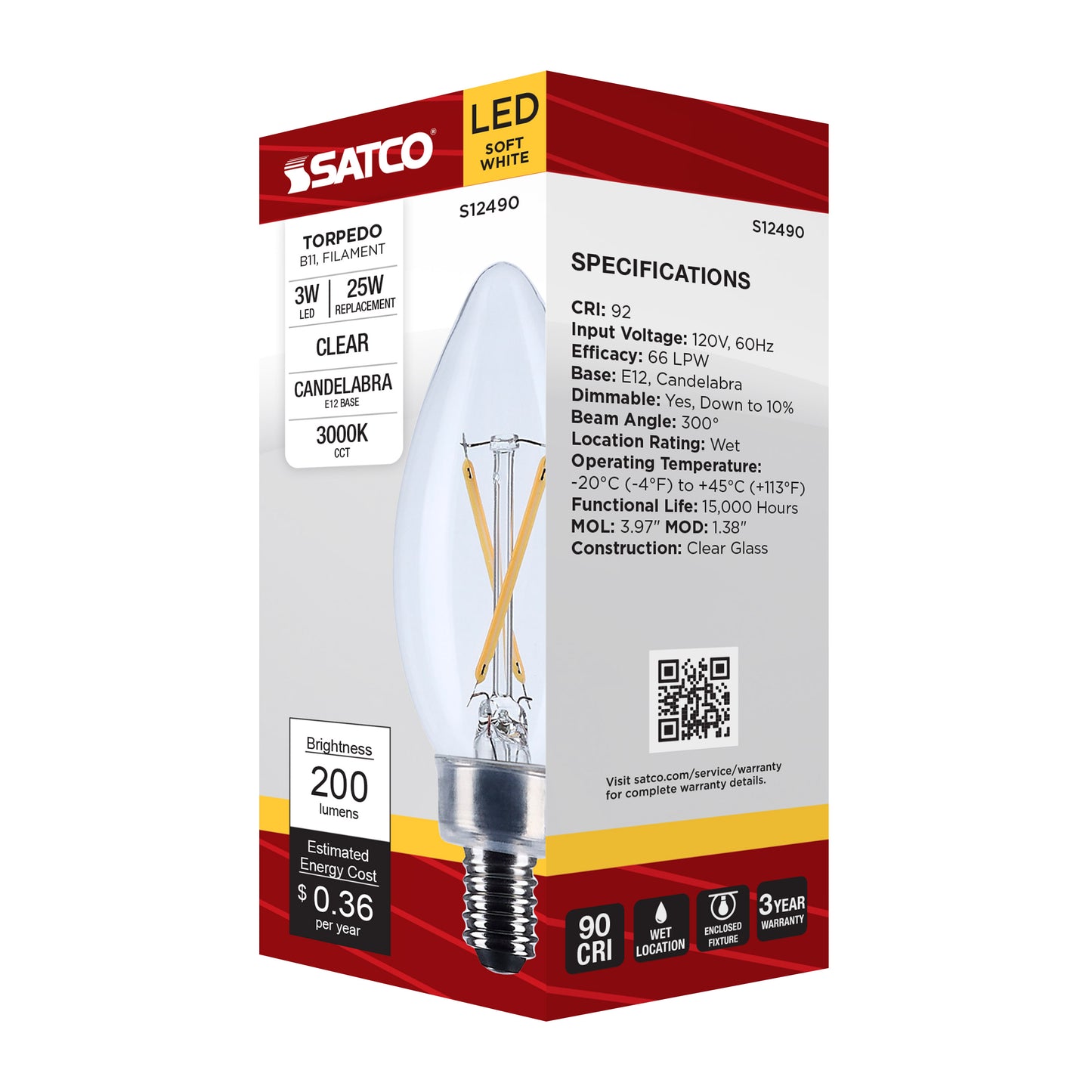 image of 3 Watt B11 LED - Candelabra Base - Clear - 3000K CCT - 120 Volt