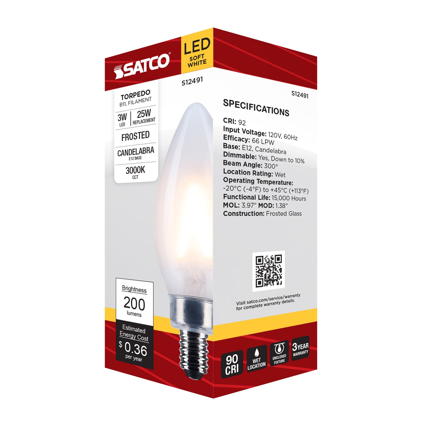 image of 3 Watt B11 LED - Candelabra Base - Frost Finish - 3000K CCT - 120 Volt