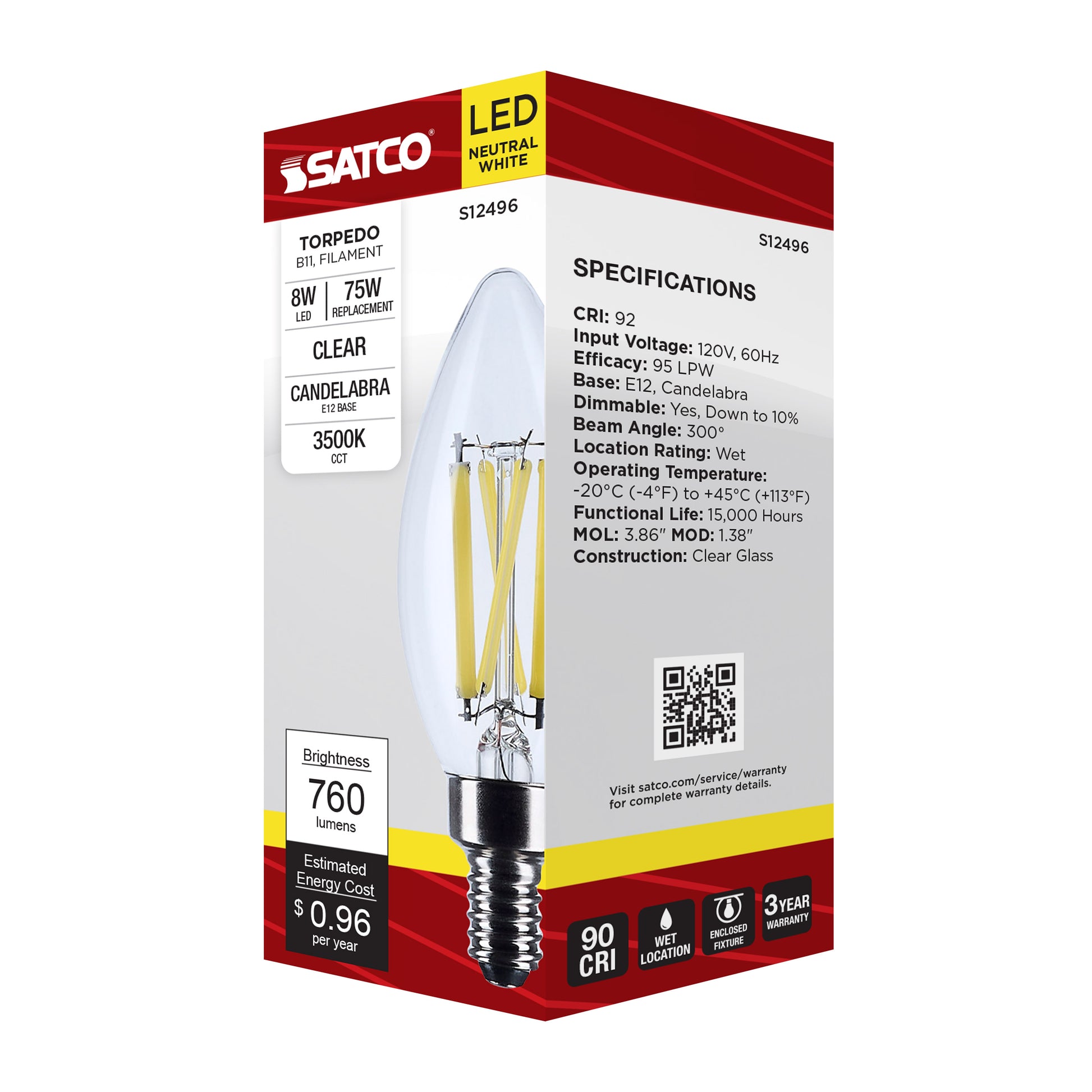 image of 8 Watt B11 LED - Candelabra Base - Candle-Tip - Clear - 3500K CCT - 120 Volt