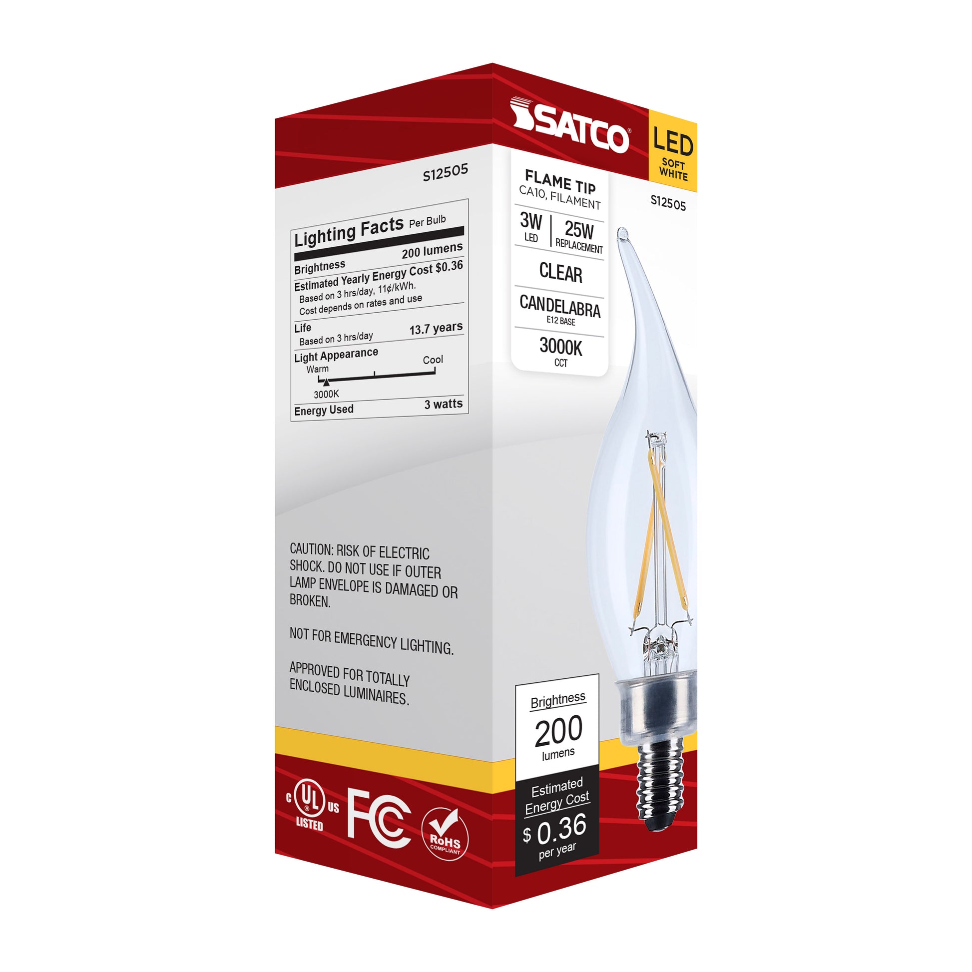 image of 3 Watt CA10 LED - Candelabra Base - Clear - 3000K CCT - 120 Volt