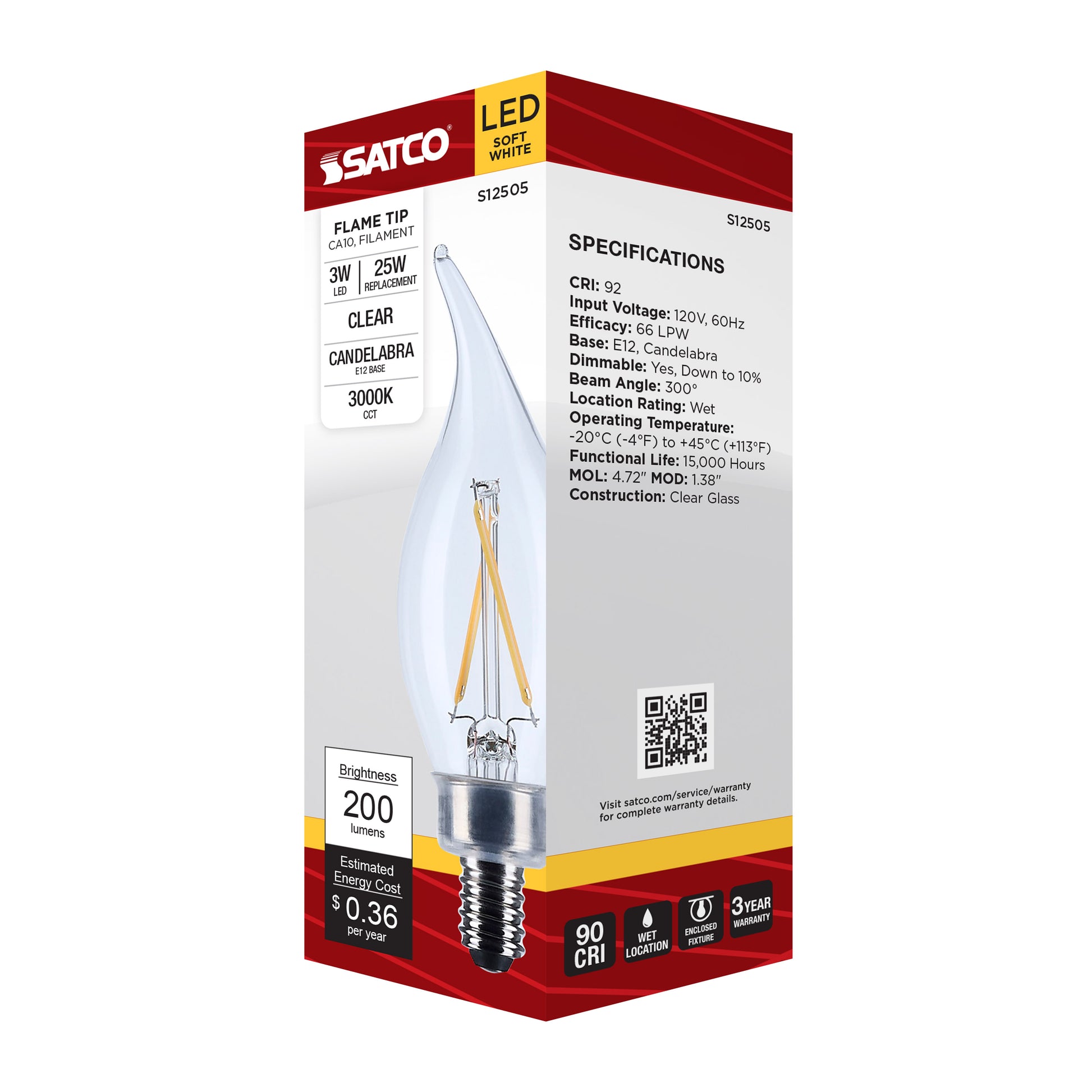 image of 3 Watt CA10 LED - Candelabra Base - Clear - 3000K CCT - 120 Volt